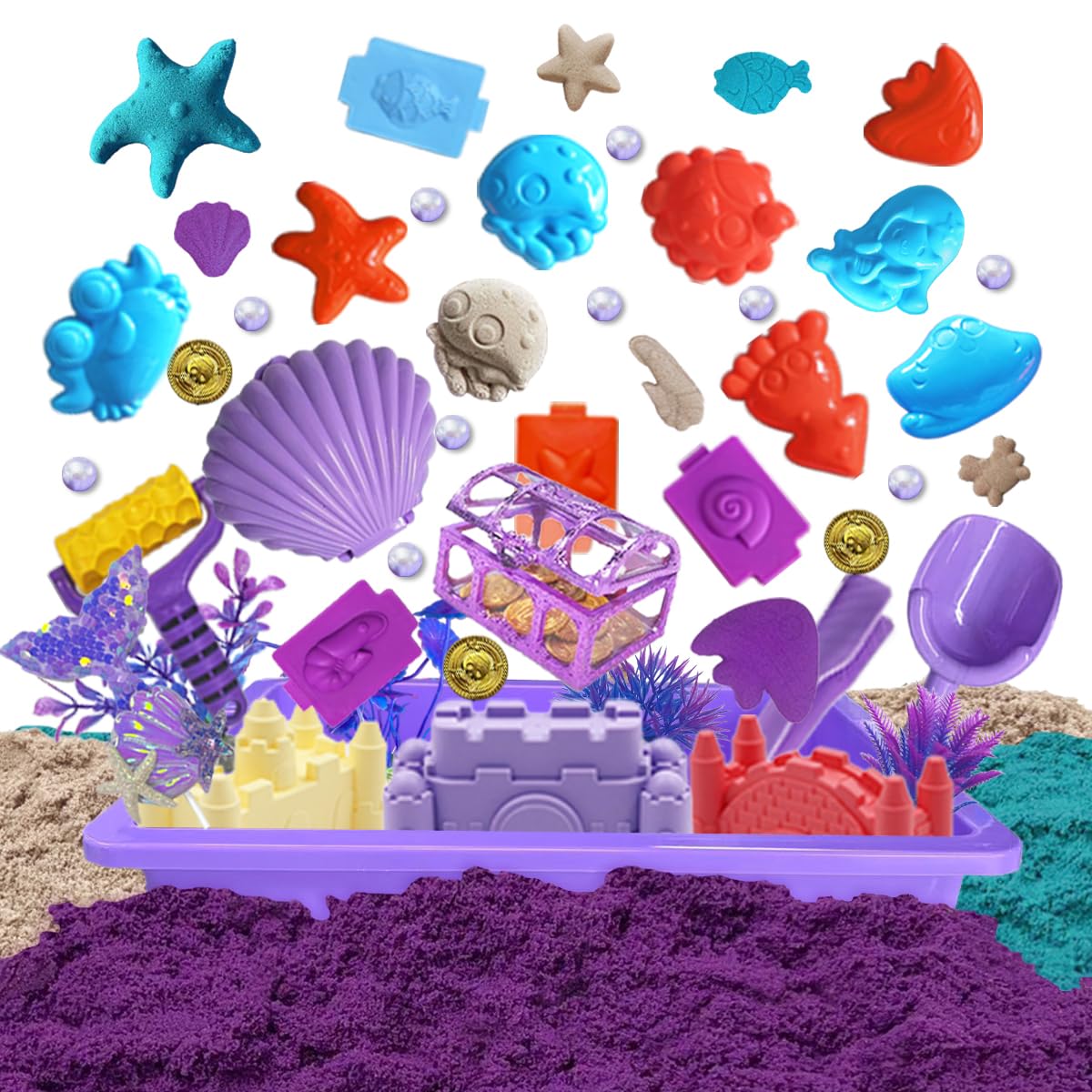 BEIREG Mermaid Sensory Bin Kit — 60-Piece Sand Set with 2lbs, 17 Molds, 12 Tools, for Ages 3-8
