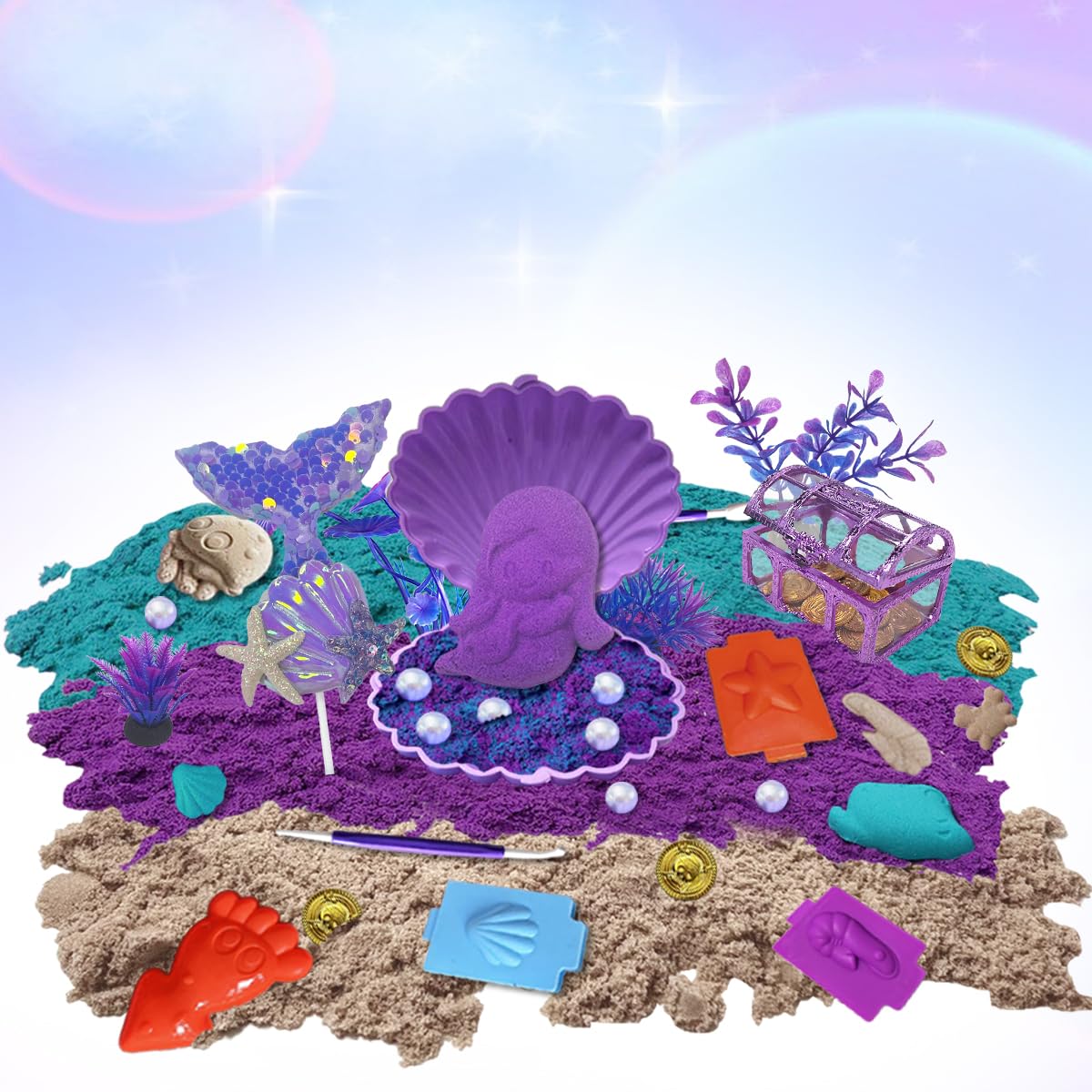 BEIREG Mermaid Sensory Bin Kit — 60-Piece Sand Set with 2lbs, 17 Molds, 12 Tools, for Ages 3-8