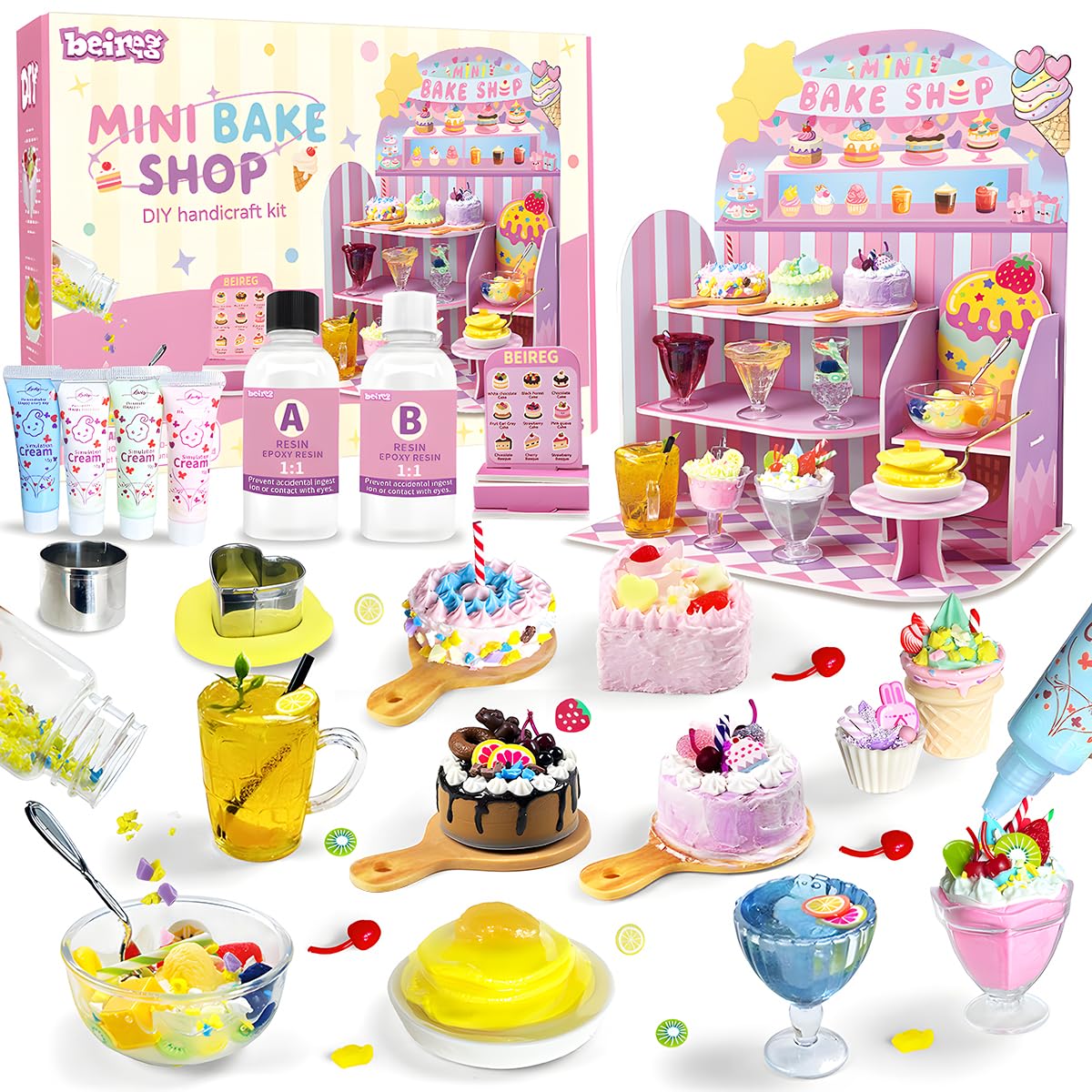 BEIREG Mini Bake Shop DIY Toy Set – 14+ Pretend Desserts & Cakes, Resin & Clay Kitchen Play Kit