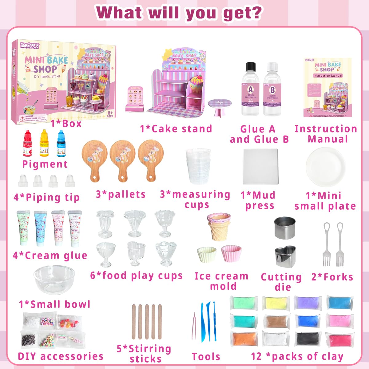 BEIREG Mini Bake Shop DIY Toy Set – 14+ Pretend Desserts & Cakes, Resin & Clay Kitchen Play Kit