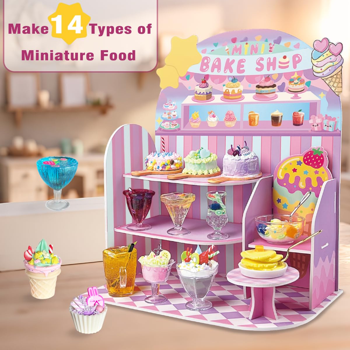 BEIREG Mini Bake Shop DIY Toy Set – 14+ Pretend Desserts & Cakes, Resin & Clay Kitchen Play Kit