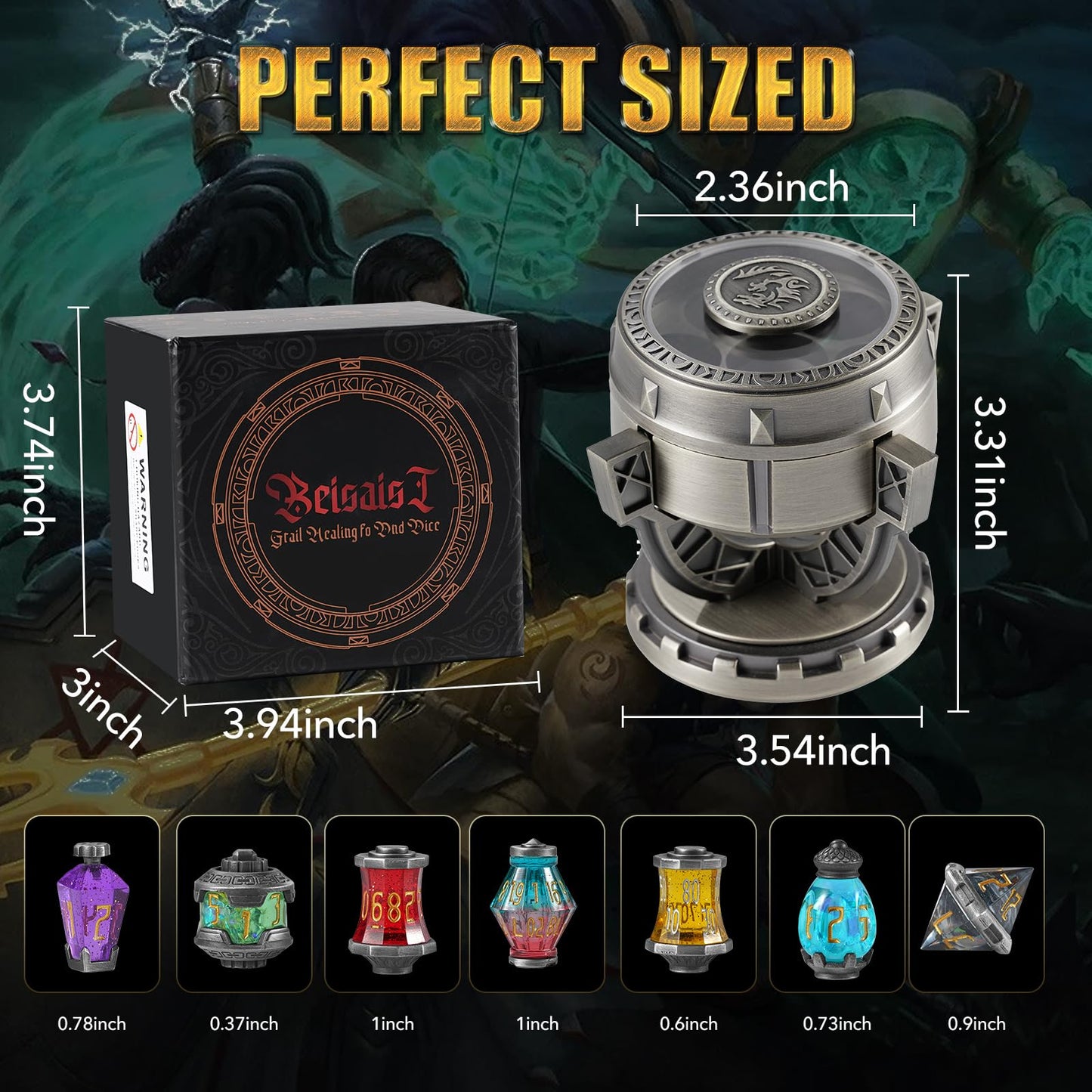 Beisaisi 2026 DND Dice Set – Alchemist’s Metallic Elixir 7-Piece Metal Dice, Vintage Chalice Box