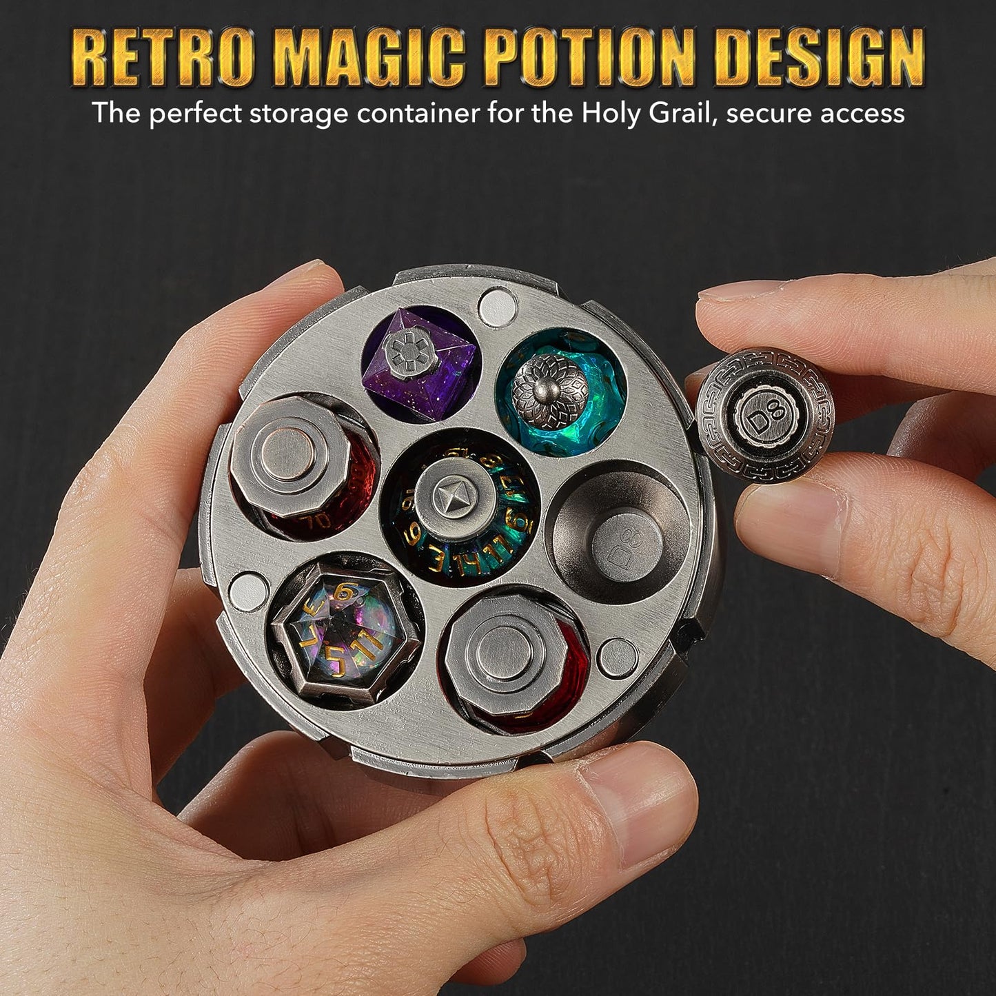 Beisaisi 2026 DND Dice Set – Alchemist’s Metallic Elixir 7-Piece Metal Dice, Vintage Chalice Box