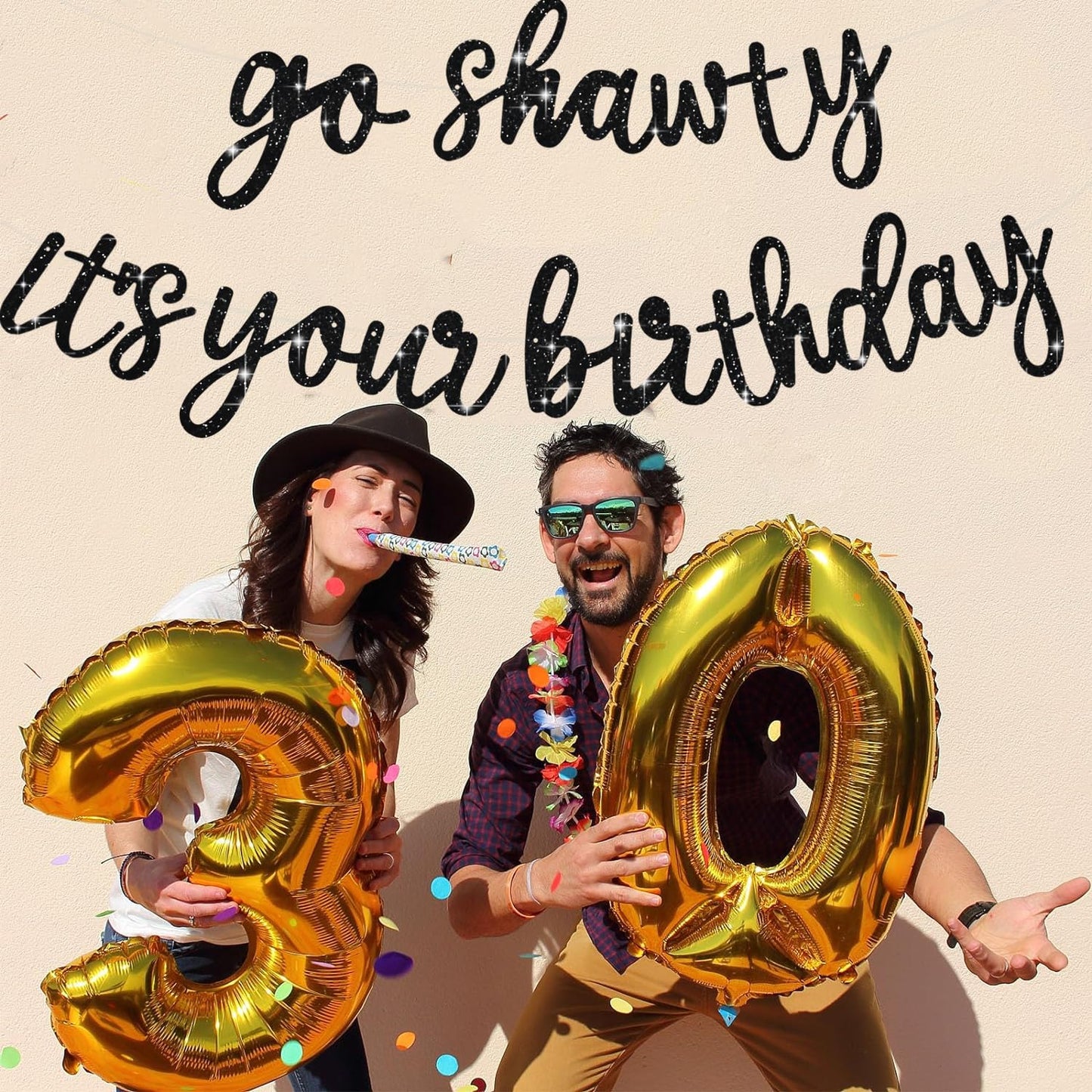 BEISHIDA Black Go Shawty Birthday Banner - Pre-Strung 11.4ft Hip Hop Glitter