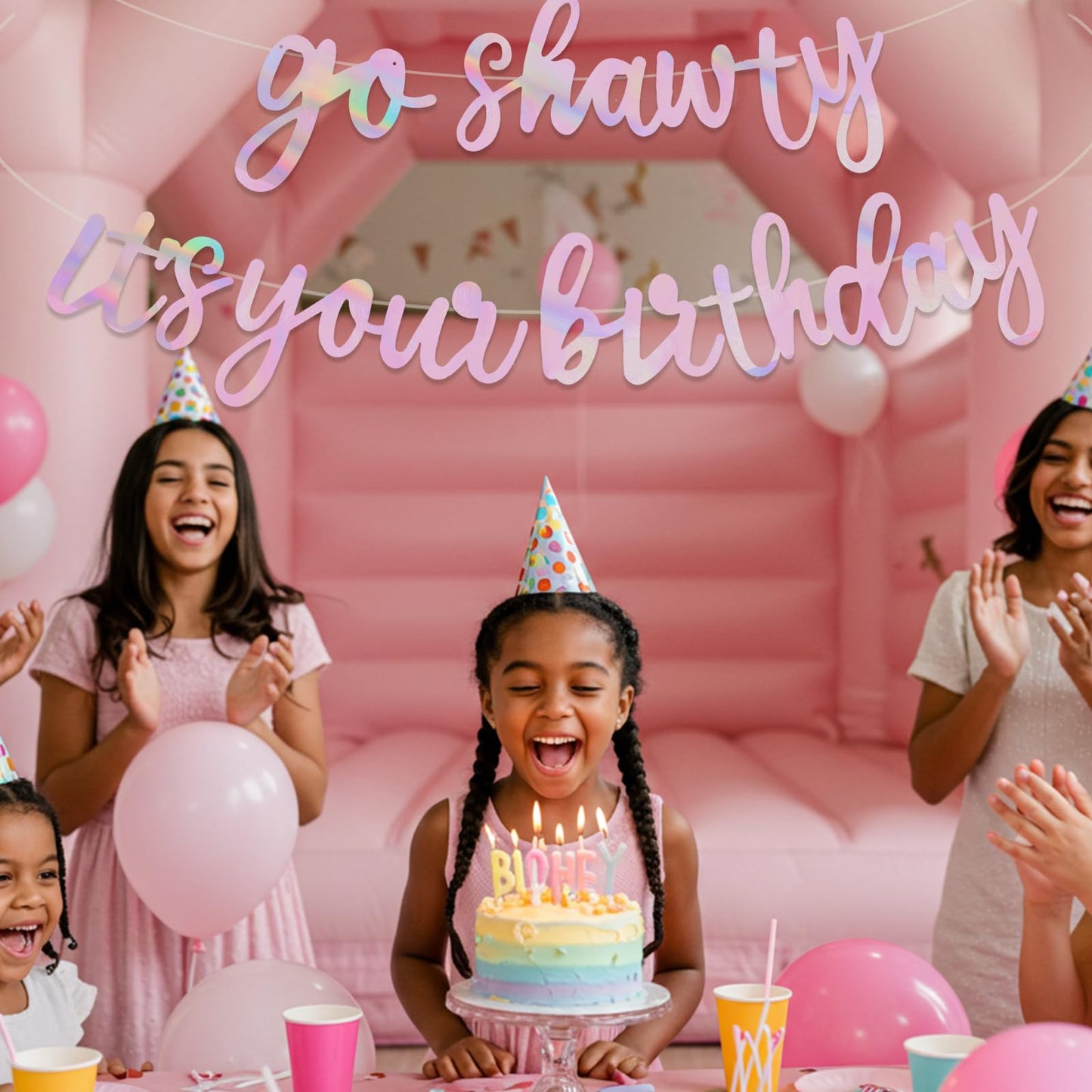 BEISHIDA Double-Sided Rainbow Birthday Banner 11.4ft – Pre-Strung Glitter Go Shawty It's Your Birthday Sign, Hip Hop Theme Party Decor