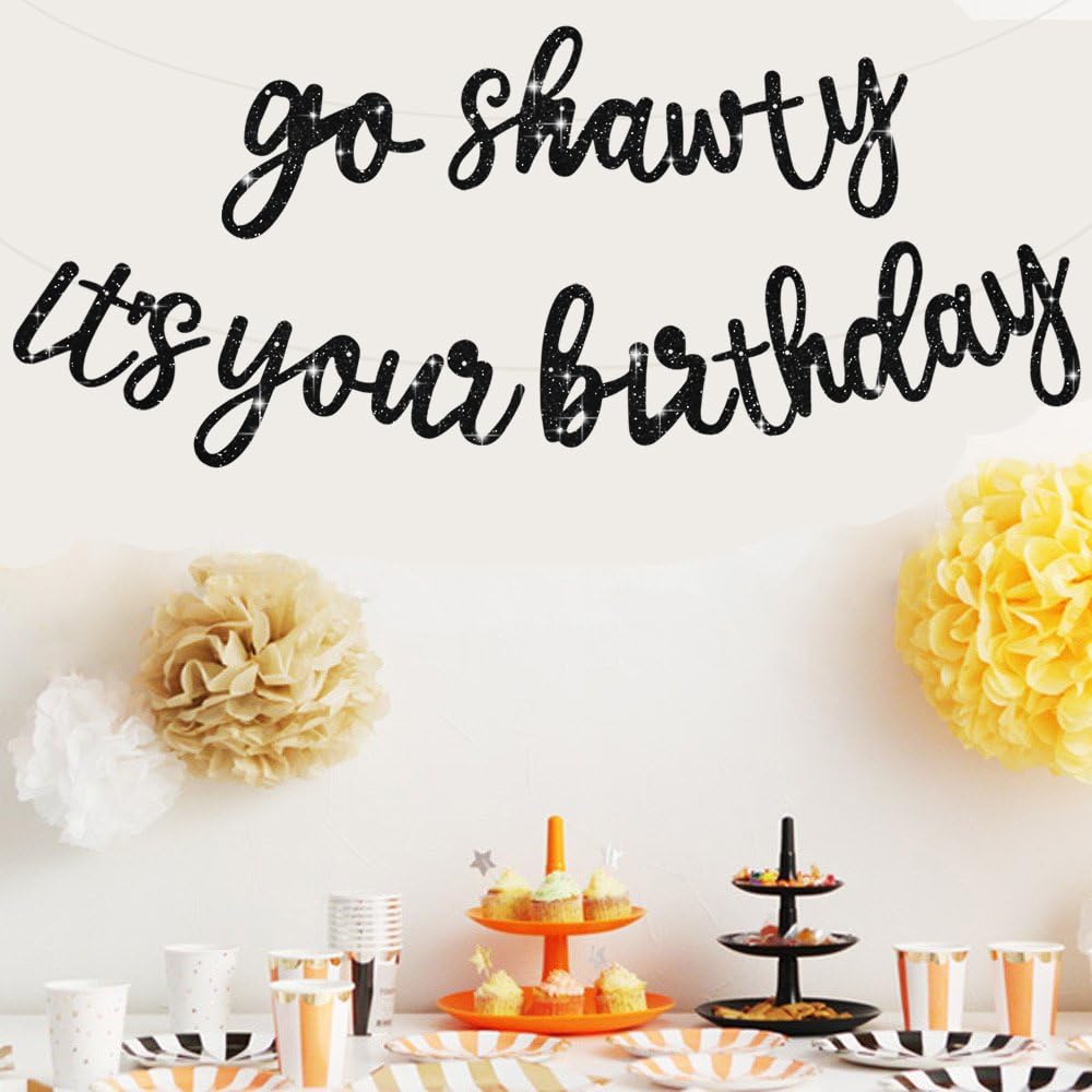 BEISHIDA Black Go Shawty Birthday Banner - Pre-Strung 11.4ft Hip Hop Glitter