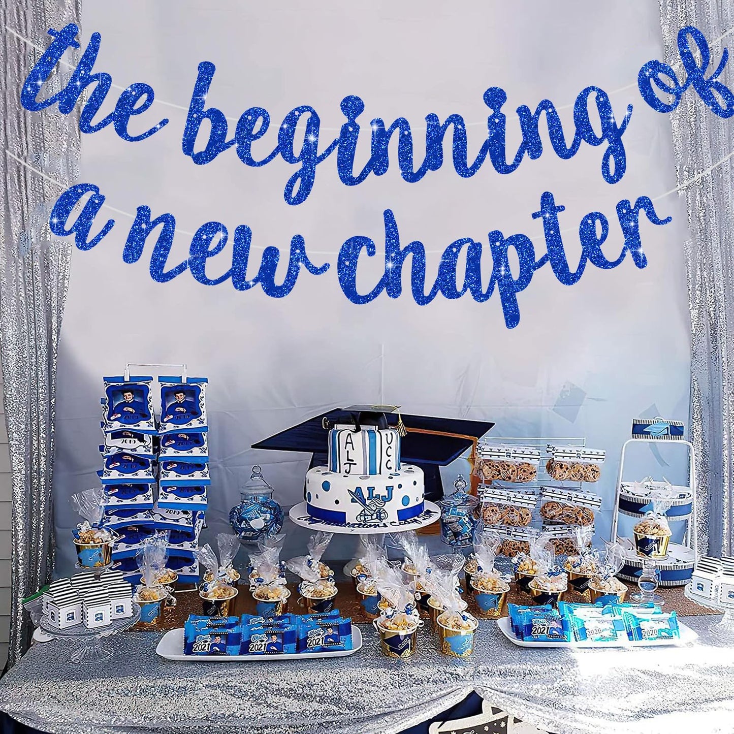 BEISHIDA Glitter Blue The Beginning of a New Chapter Banner — Graduation & Farewell Decor