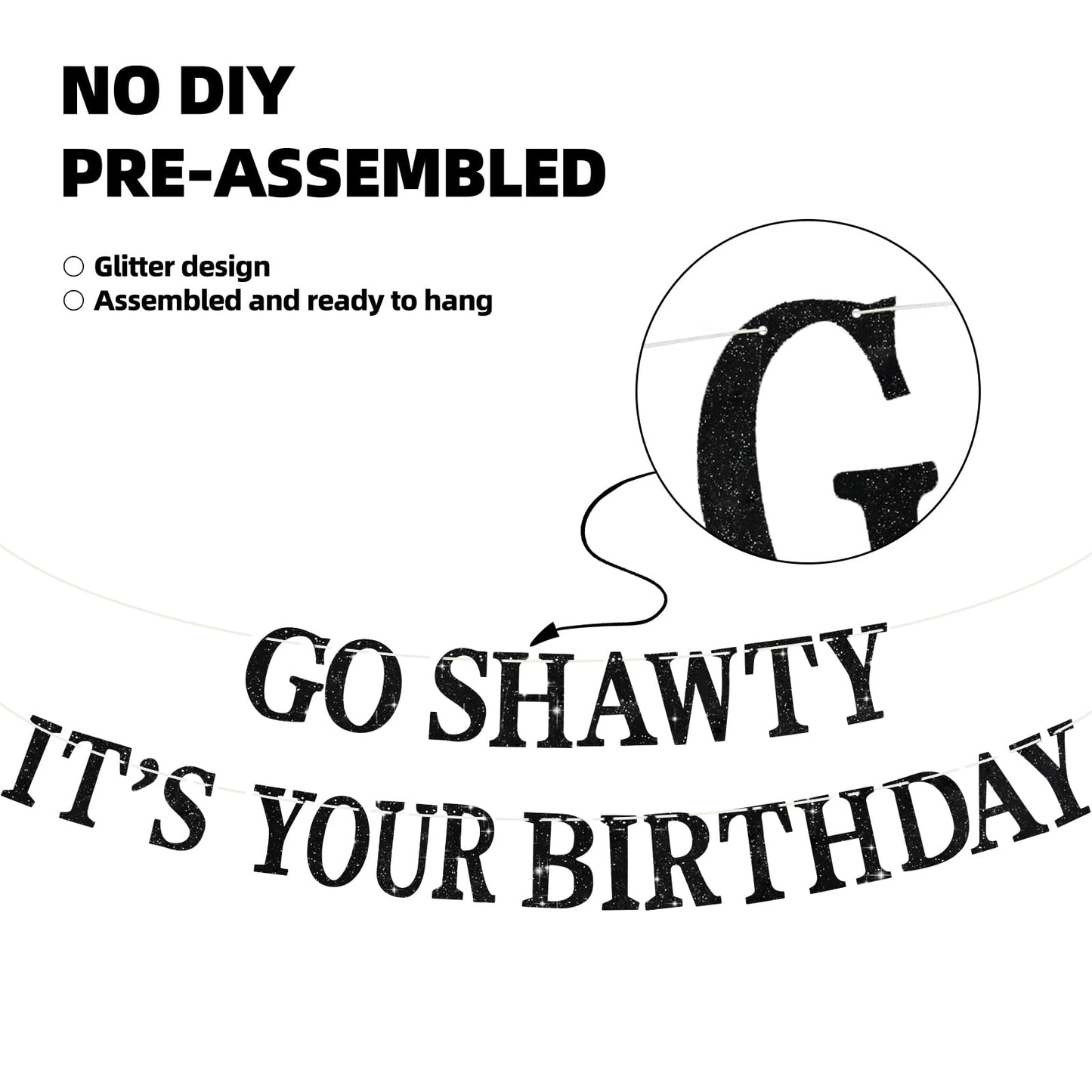 BEISHIDA Black Go Shawty Birthday Banner - Pre-Strung Glitter Hip Hop Decor (No DIY)