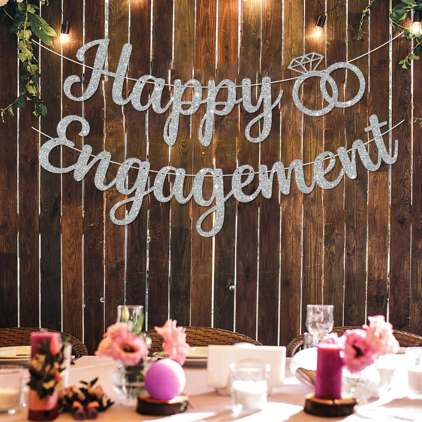 BEISHIDA Glitter Happy Engagement Banner - Pre-Strung Silver Party Decor