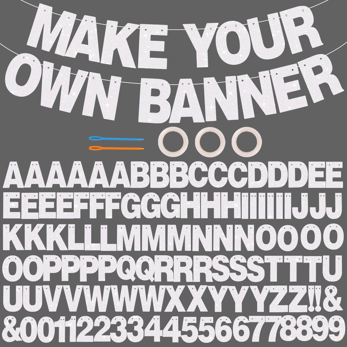 BEISHIDA 116 PCS Glitter Color White DIY Letter Banner Kit – 111 Letters & 3 Ropes for Birthday, Wedding, Graduation