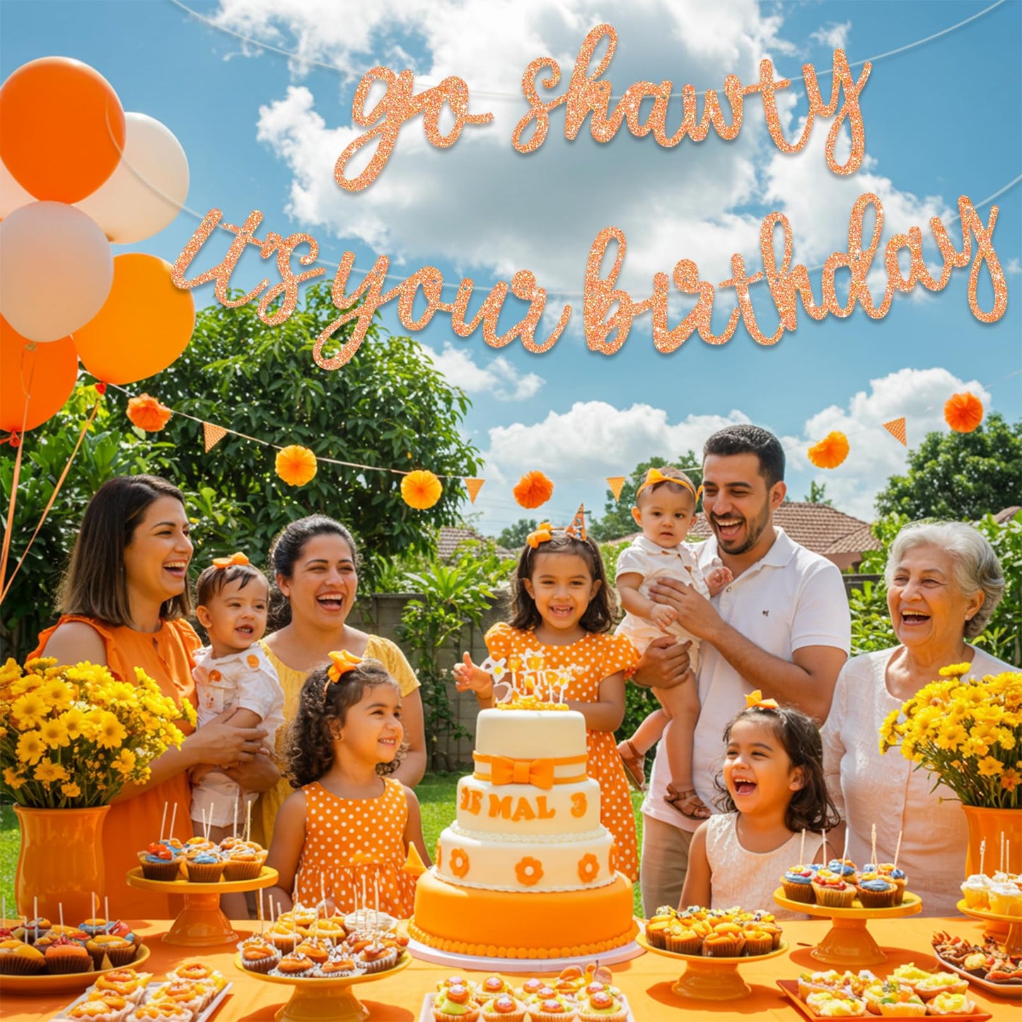 BEISHIDA Glitter Light Orange Go Shawty Its Your Birthday Banner 11.4ft - Pre-Strung Hip Hop Theme Party Decor