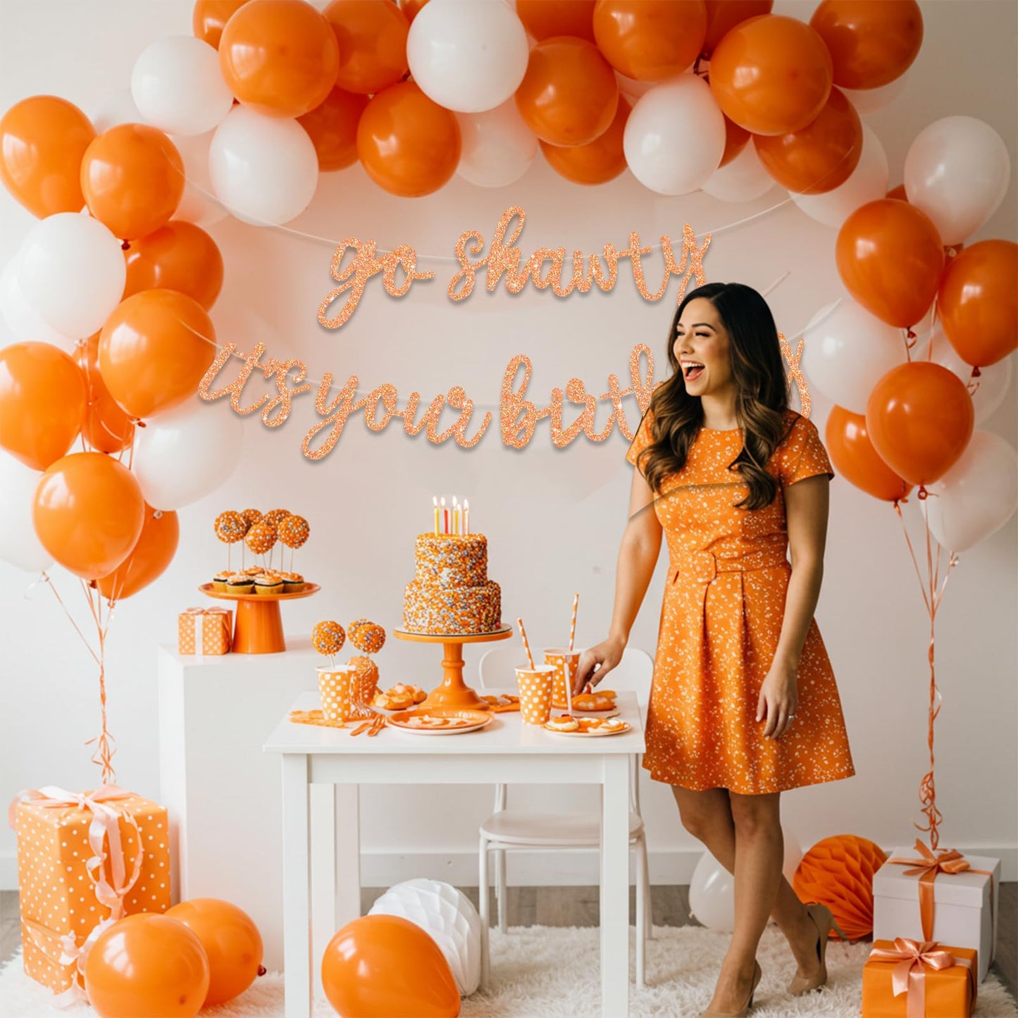 BEISHIDA Glitter Light Orange Go Shawty Its Your Birthday Banner 11.4ft - Pre-Strung Hip Hop Theme Party Decor