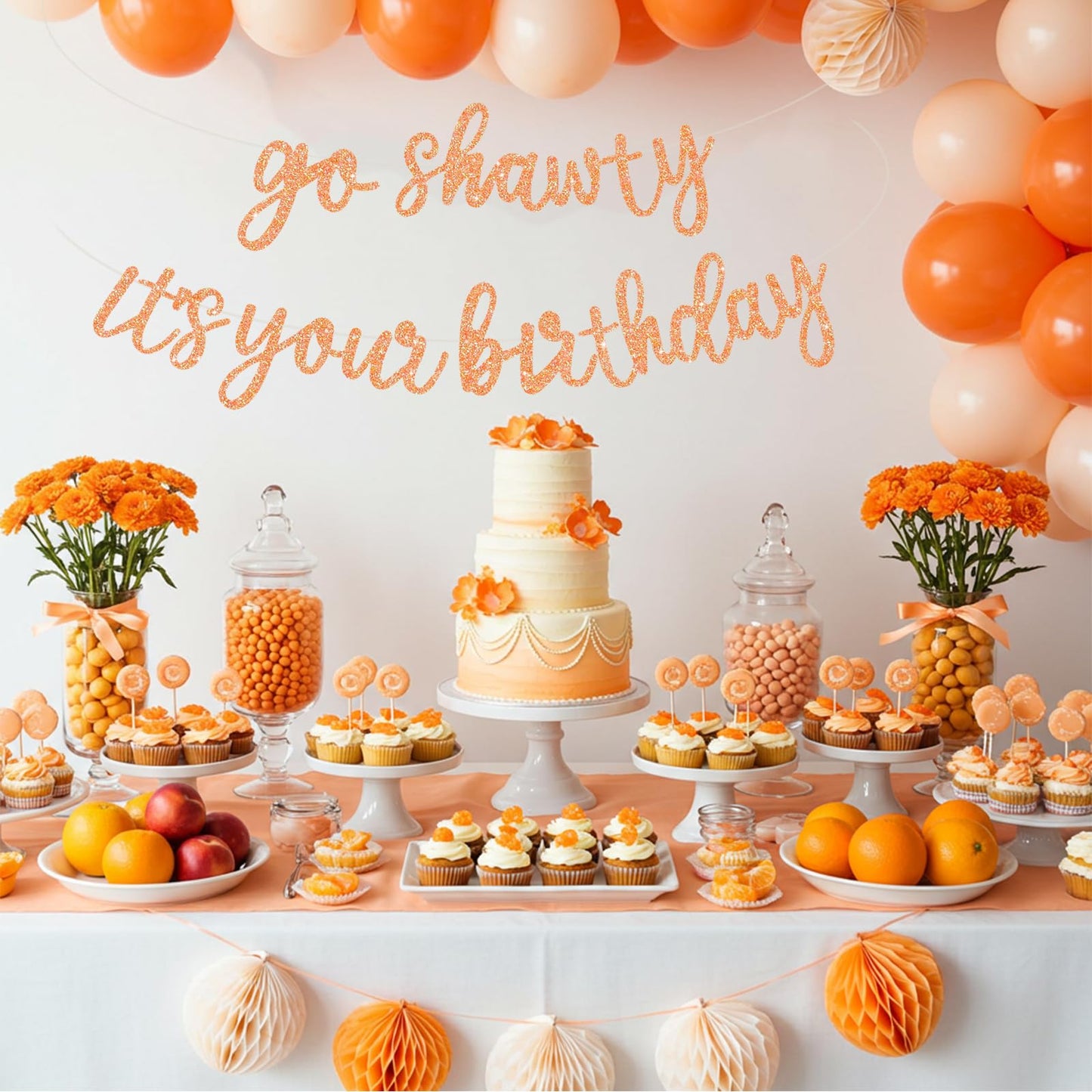 BEISHIDA Glitter Light Orange Go Shawty Its Your Birthday Banner 11.4ft - Pre-Strung Hip Hop Theme Party Decor