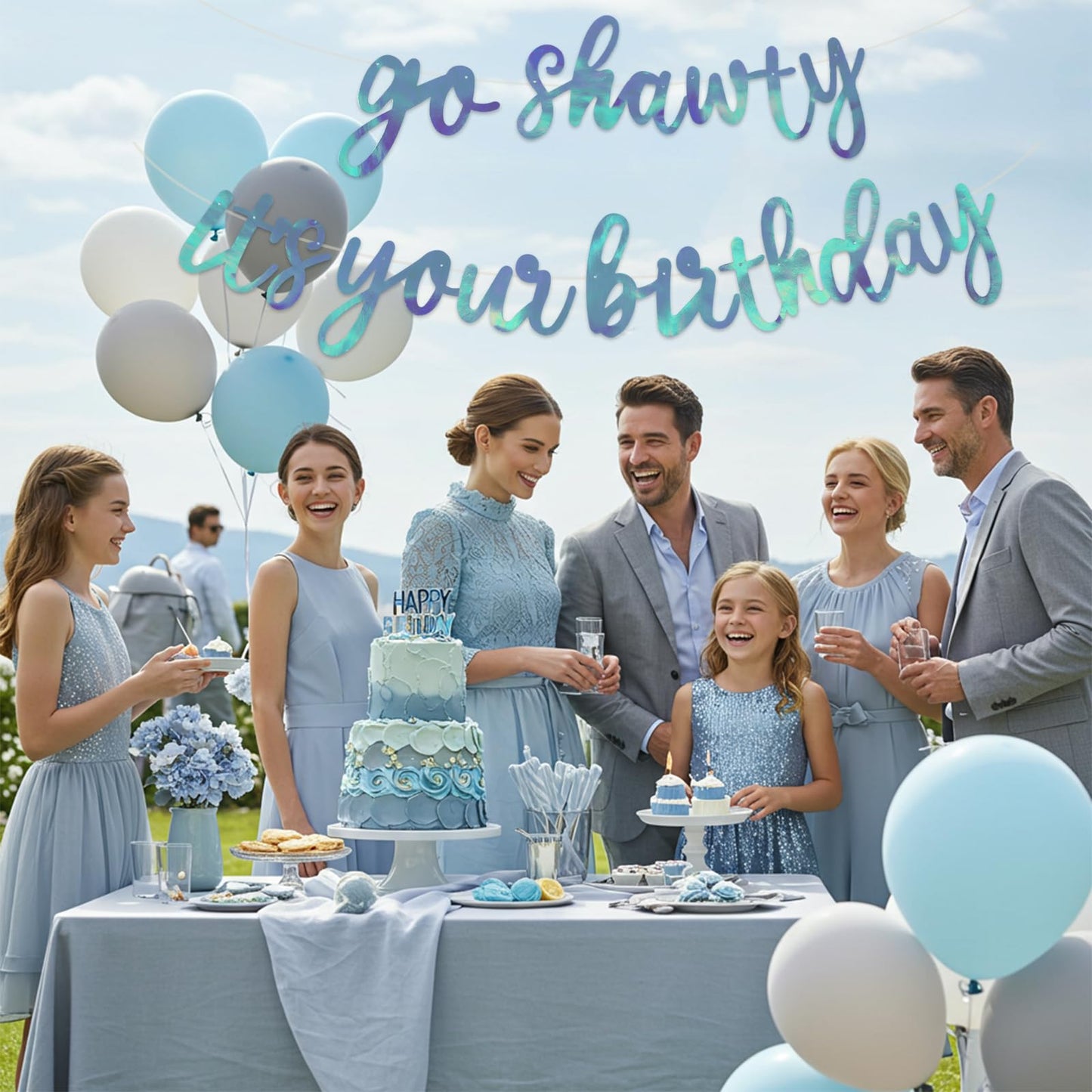 BEISHIDA Double-Sided Rainbow Blue Go Shawty It's Your Birthday Banner – 11.4 ft, Pre-String Glitter Party Sign