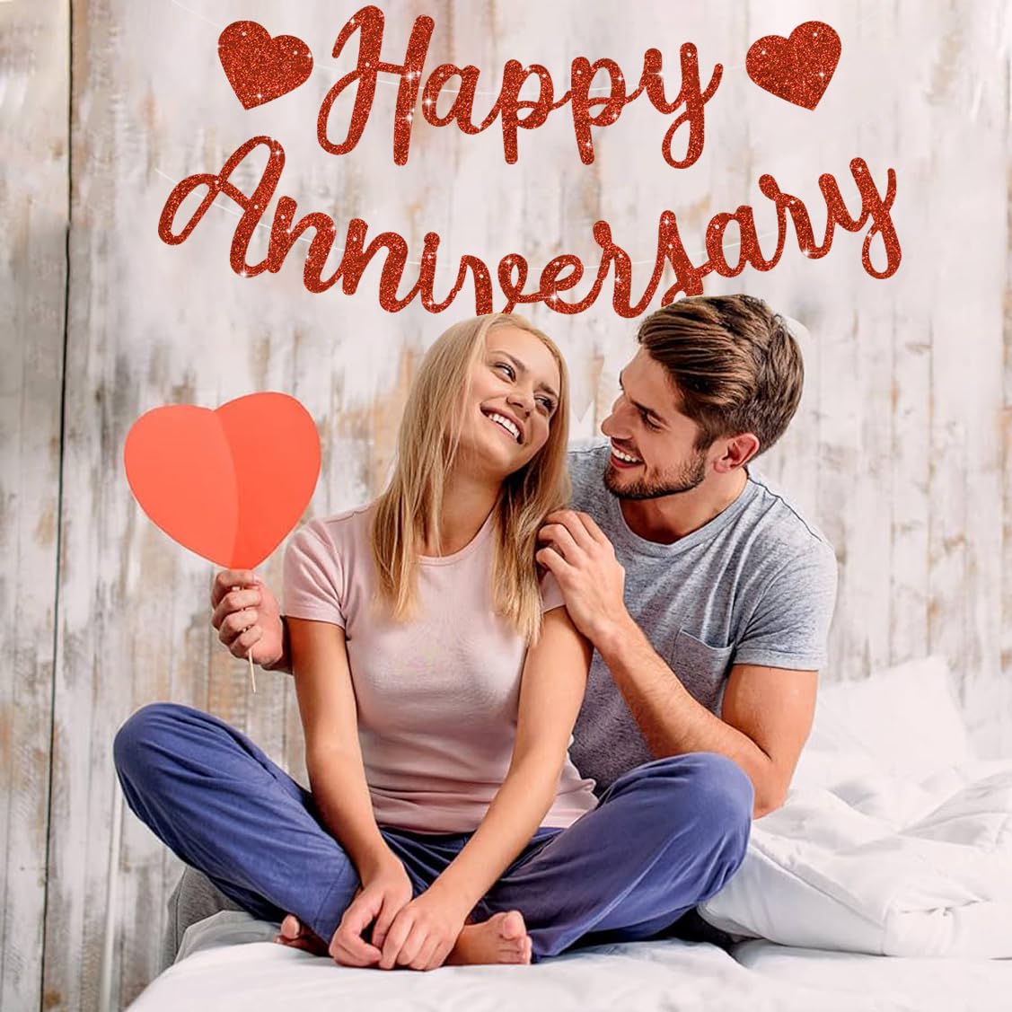 BEISHIDA Glitter Red Happy Anniversary Banner – Pre-Strung NO DIY Garland