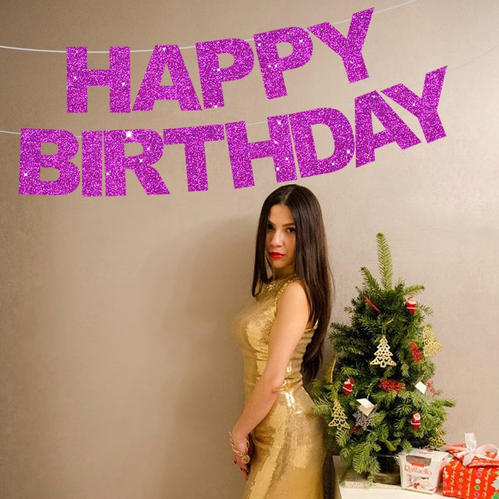 BEISHIDA Purple Happy Birthday Banner – Pre-Strung, No DIY, Gold Foil Edges