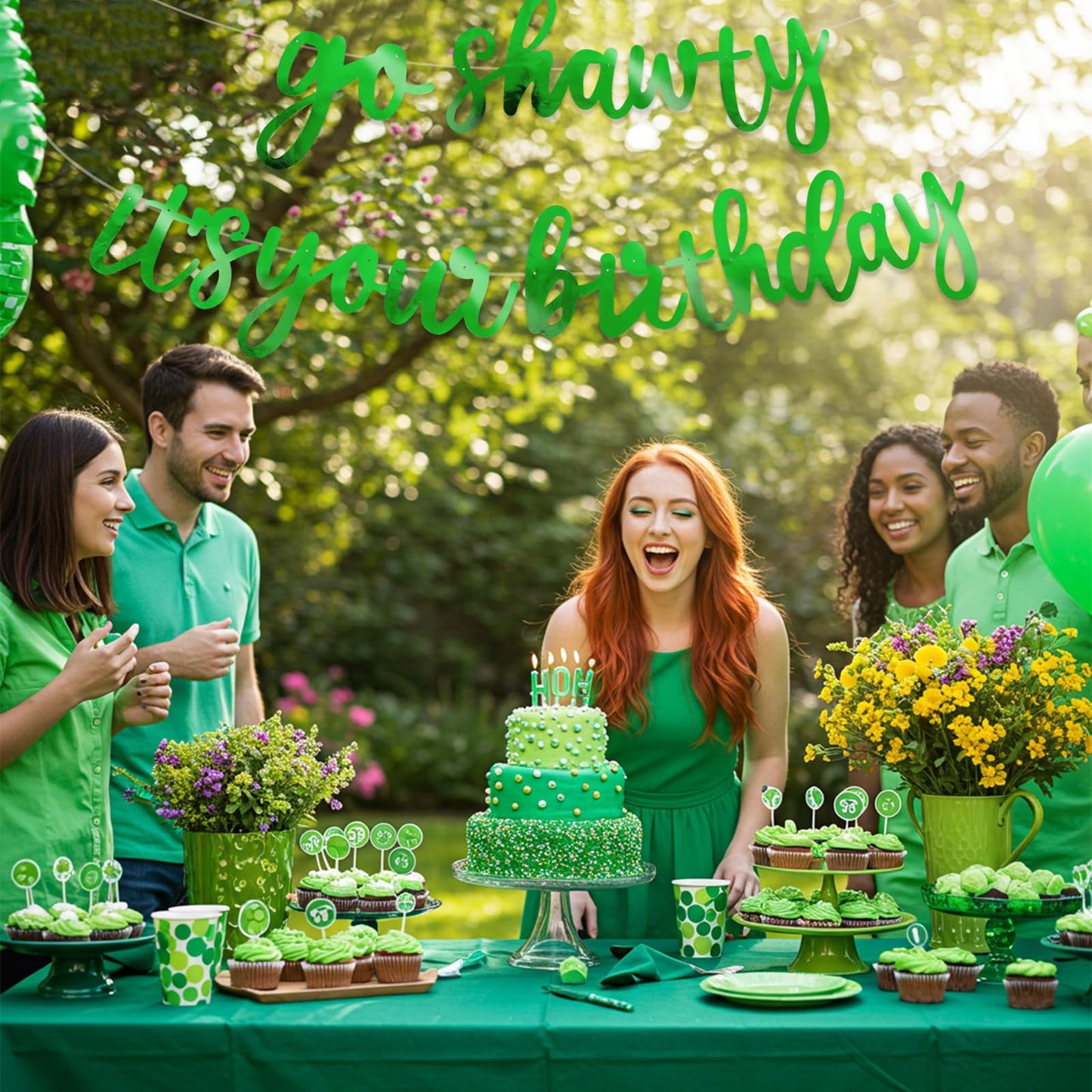 BEISHIDA Double-Sided Green Go Shawty Birthday Banner – 11.4ft, Pre-Strung, No DIY, Glitter Hip Hop Theme