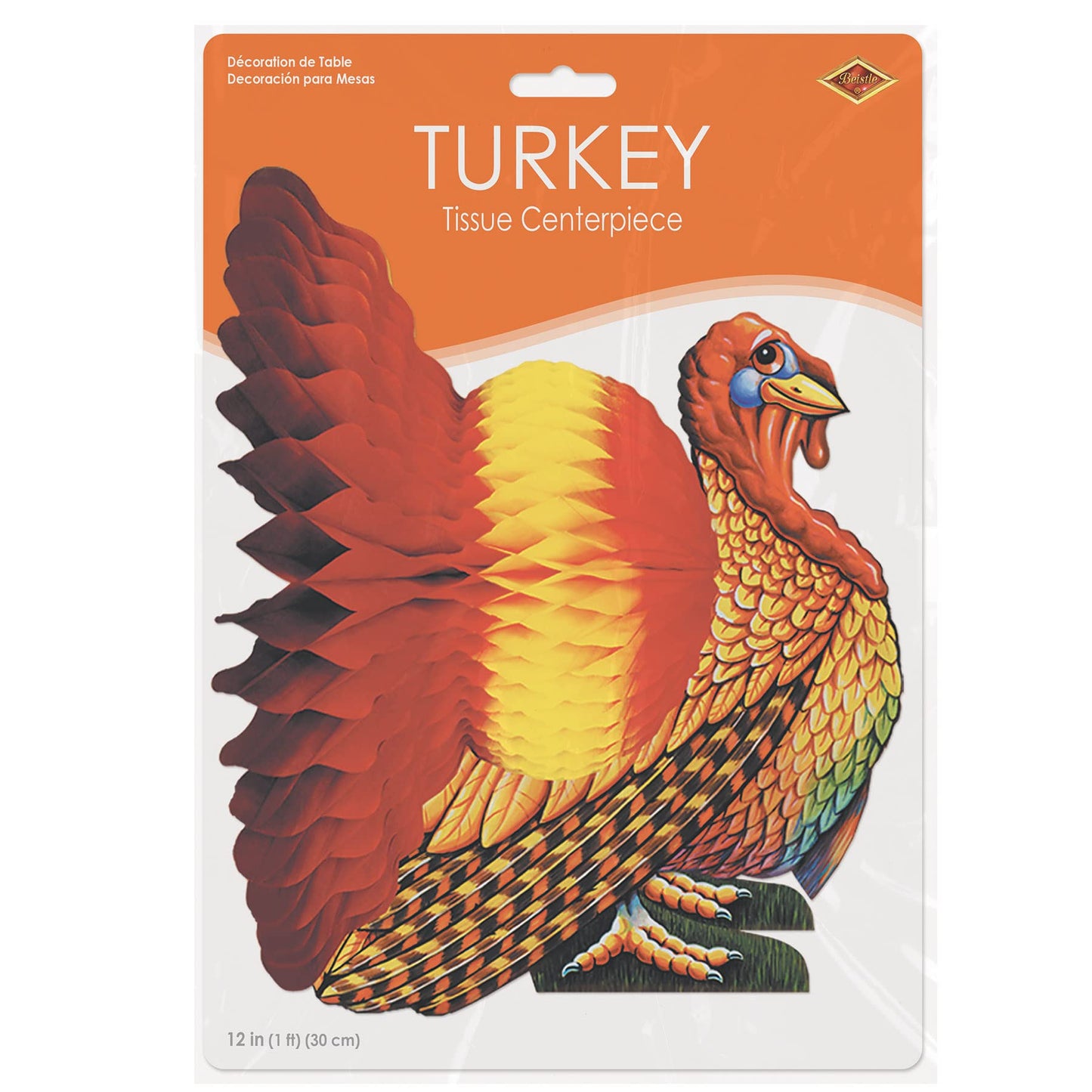 Beistle Colorful Tissue Turkey Centerpiece – 12-Inch Honeycomb Thanksgiving Table Decor