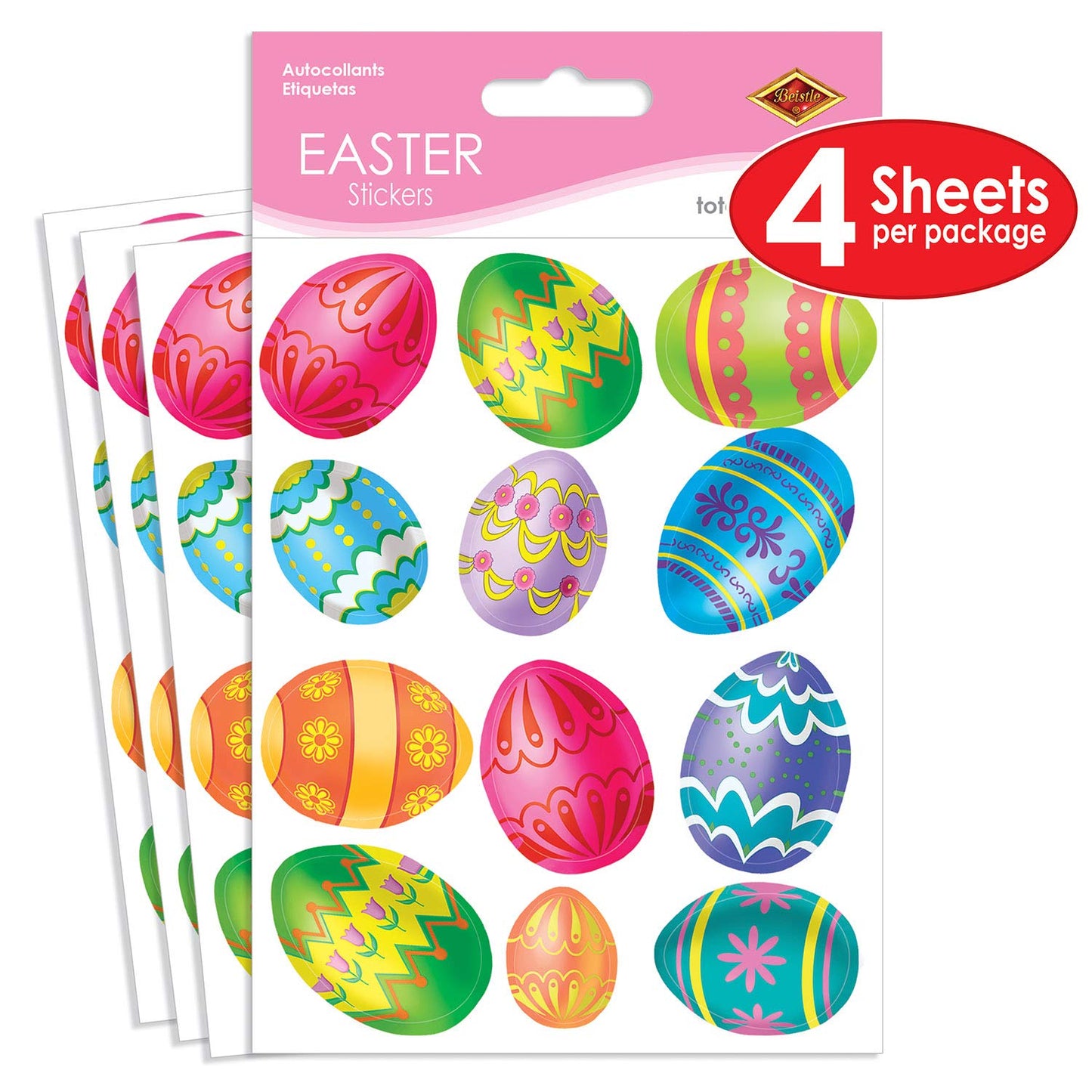 Beistle Color Bright Easter Egg Stickers – 48 Assorted Designs in 4 Sheets | Made in USA