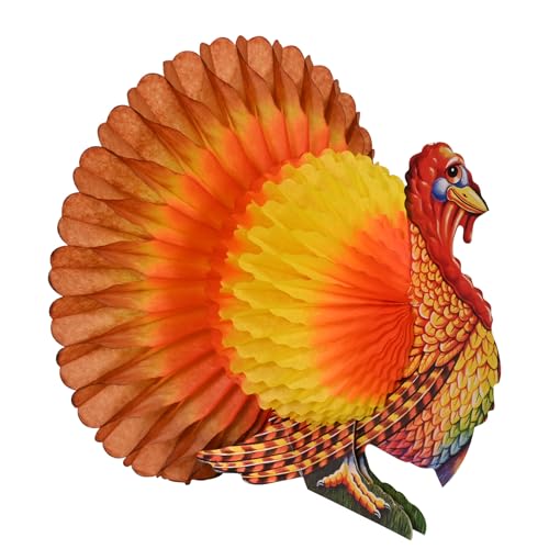 Beistle Colorful Tissue Turkey Centerpiece – 12-Inch Honeycomb Thanksgiving Table Decor