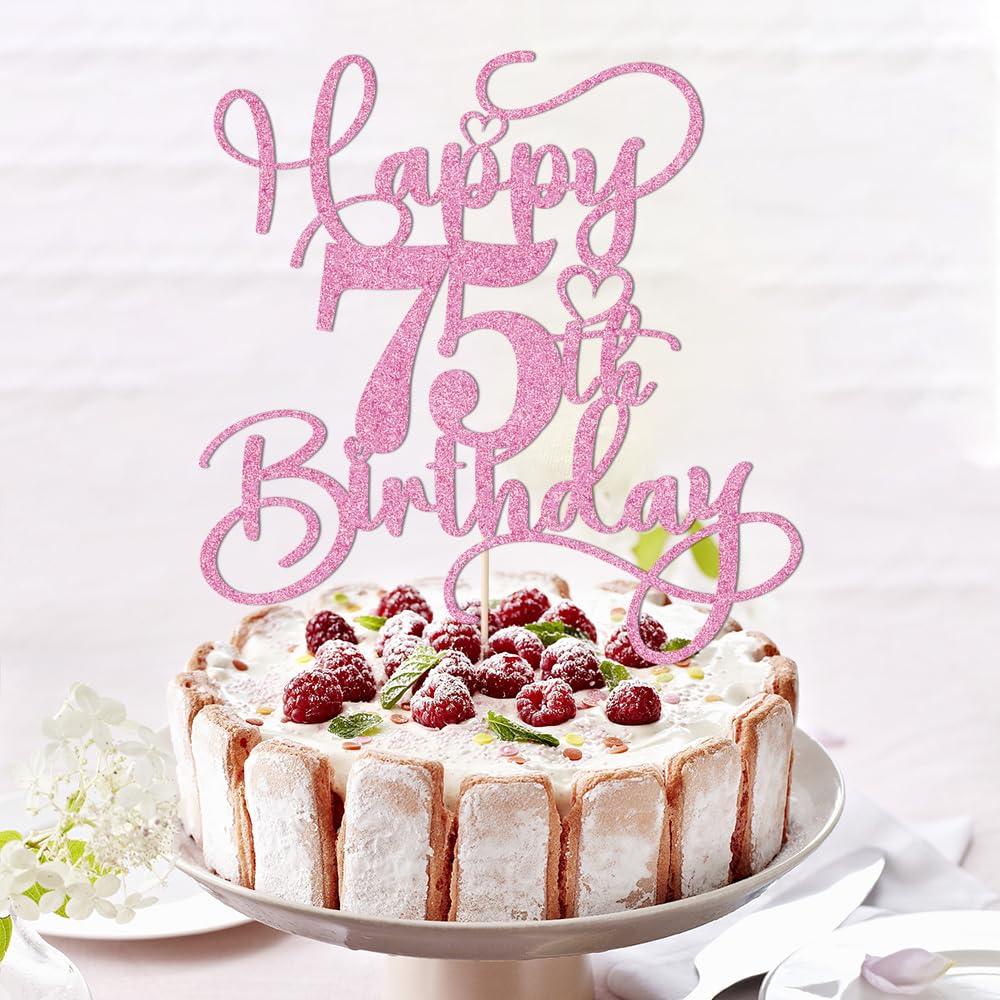 Bejotaa Pink Happy 75th Birthday Cake Topper – Glitter, No Assembly, 1 Piece