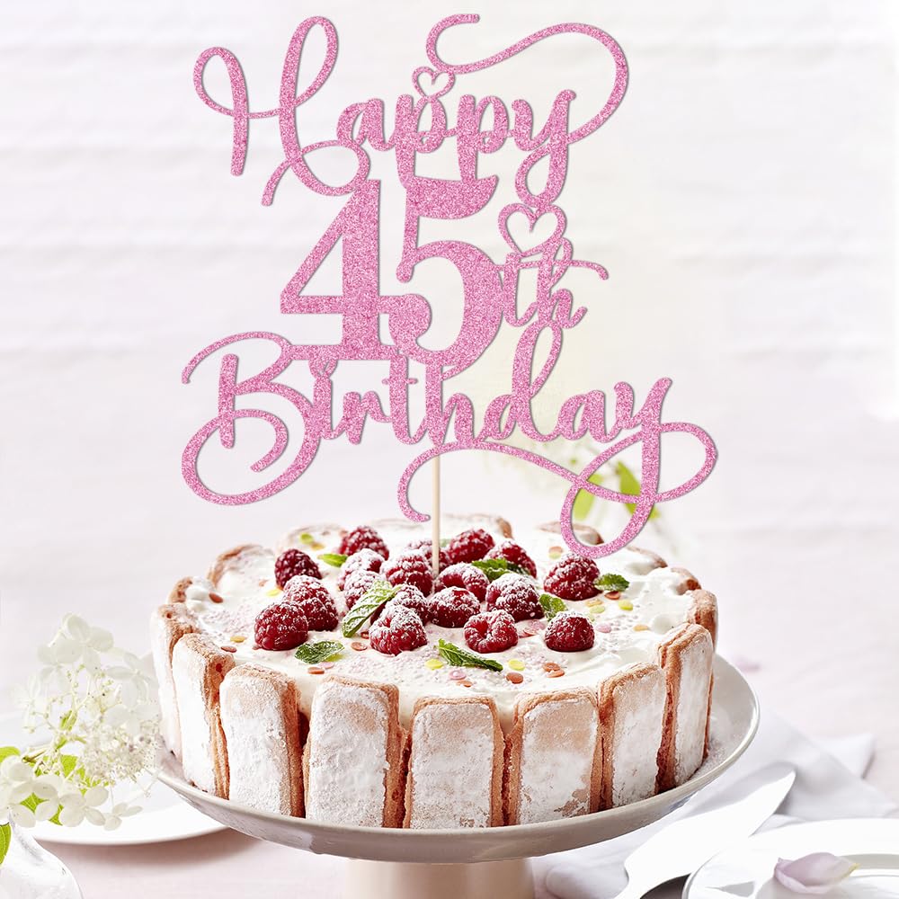 Bejotaa Pink Happy 45th Birthday Cake Topper – Glitter, Pre‑assembled, 1pc for Birthday & Anniversary Cakes