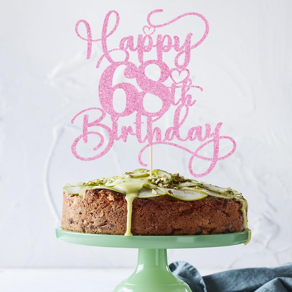 Bejotaa Pink Happy 68th Birthday Cake Topper | Glitter, Pre-assembled