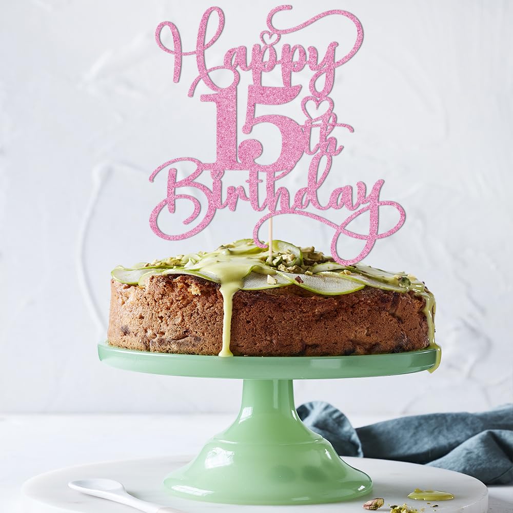 Bejotaa Pink Happy 15th Birthday Cake Topper | Glitter Party Decor