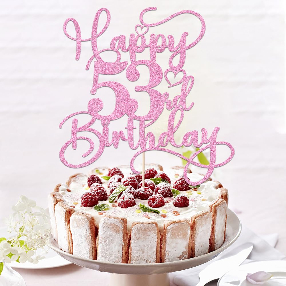 Bejotaa Pink Happy 53rd Birthday Cake Topper – Glitter, Pre-Assembled