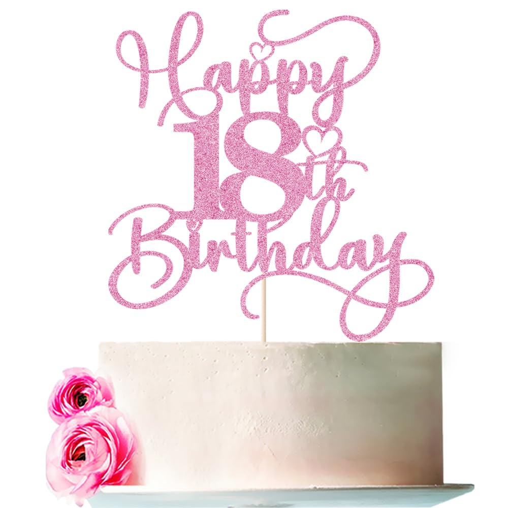 Bejotaa Pink Happy 18th Birthday Cake Topper – Glitter Cake Topper for Birthday Party Decor