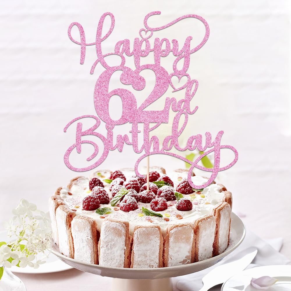 Bejotaa Pink Happy 62nd Birthday Cake Topper – Glittery Pre-Assembled Party Decor