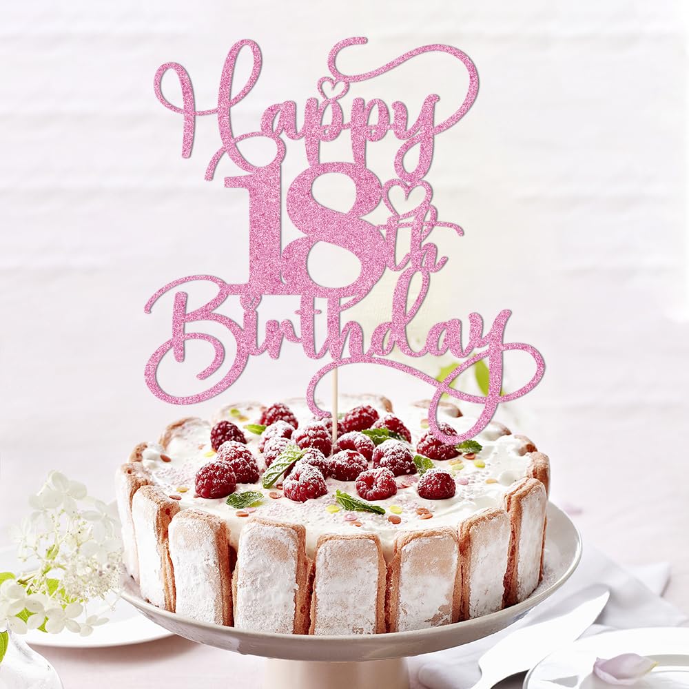 Bejotaa Pink Happy 18th Birthday Cake Topper – Glitter Cake Topper for Birthday Party Decor
