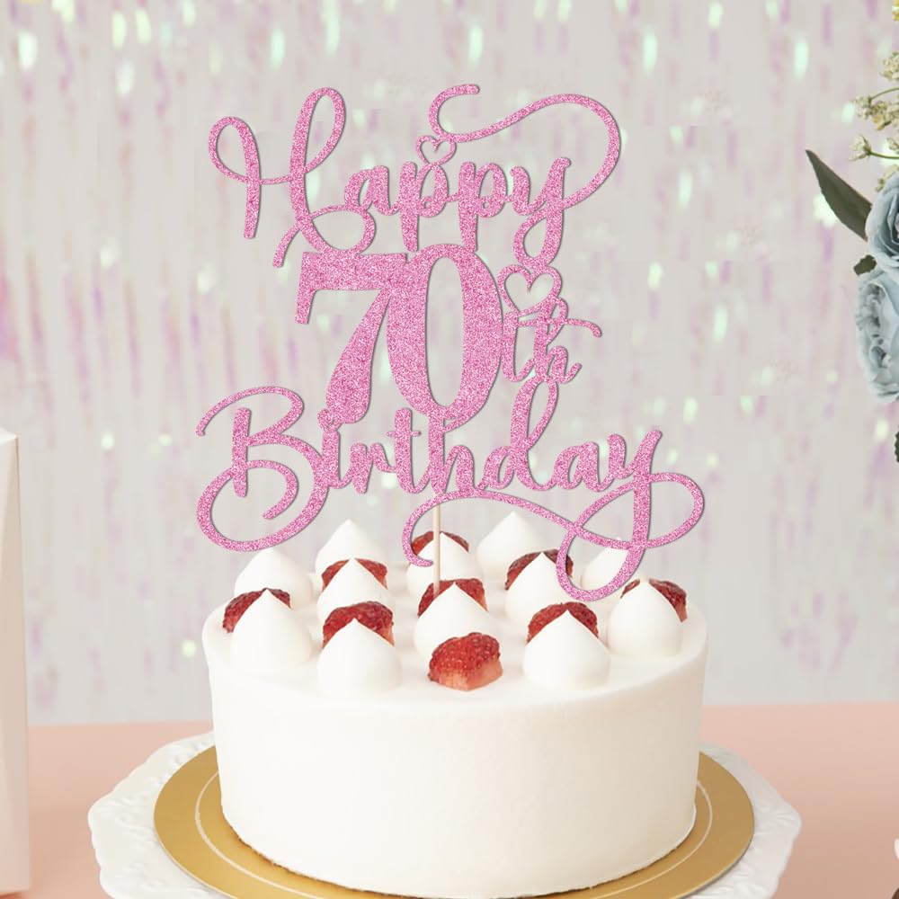 Bejotaa Pink Happy 70th Birthday Cake Topper - Glitter 1pc for 70th Birthday & Anniversary Party