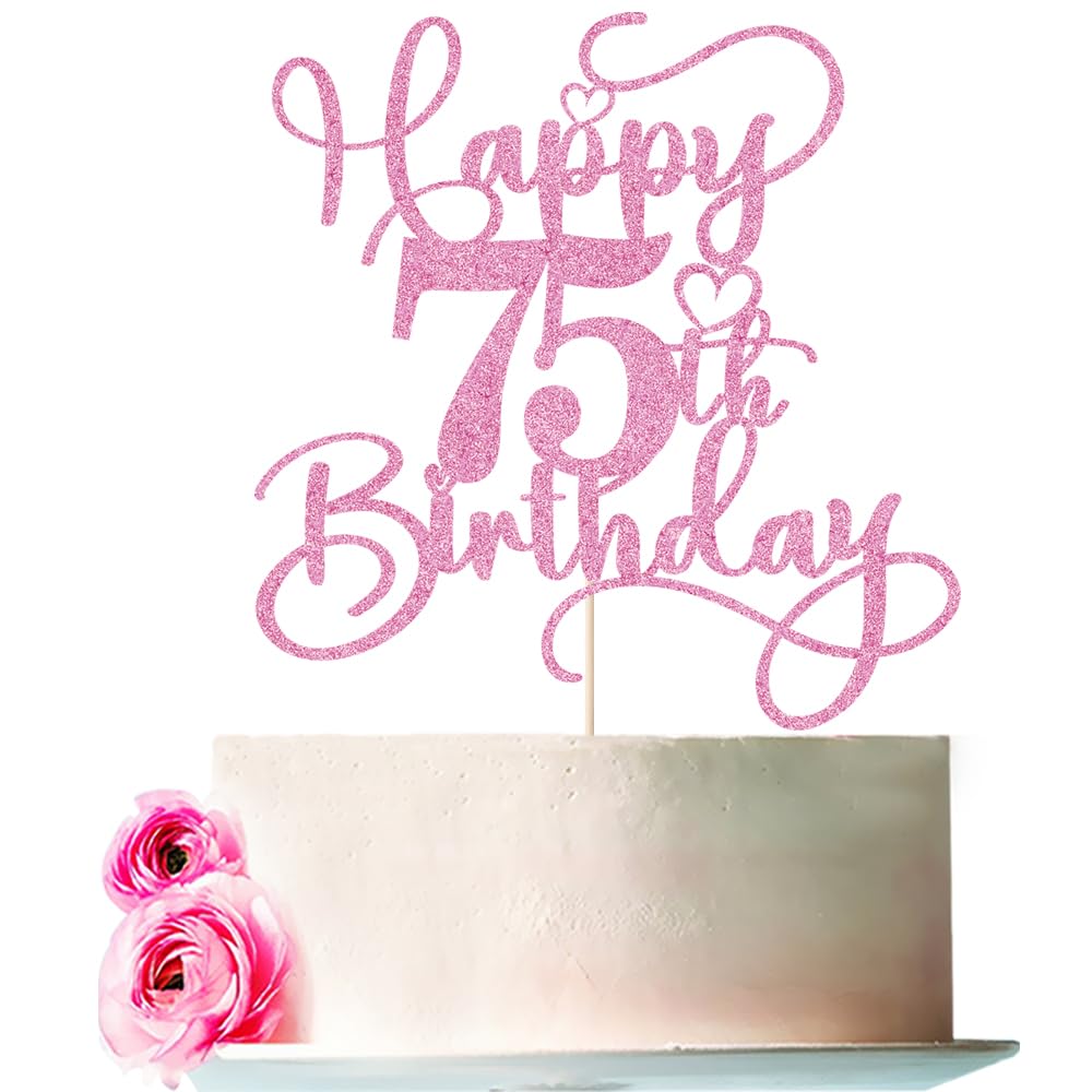 Bejotaa Pink Happy 75th Birthday Cake Topper – Glitter, No Assembly, 1 Piece