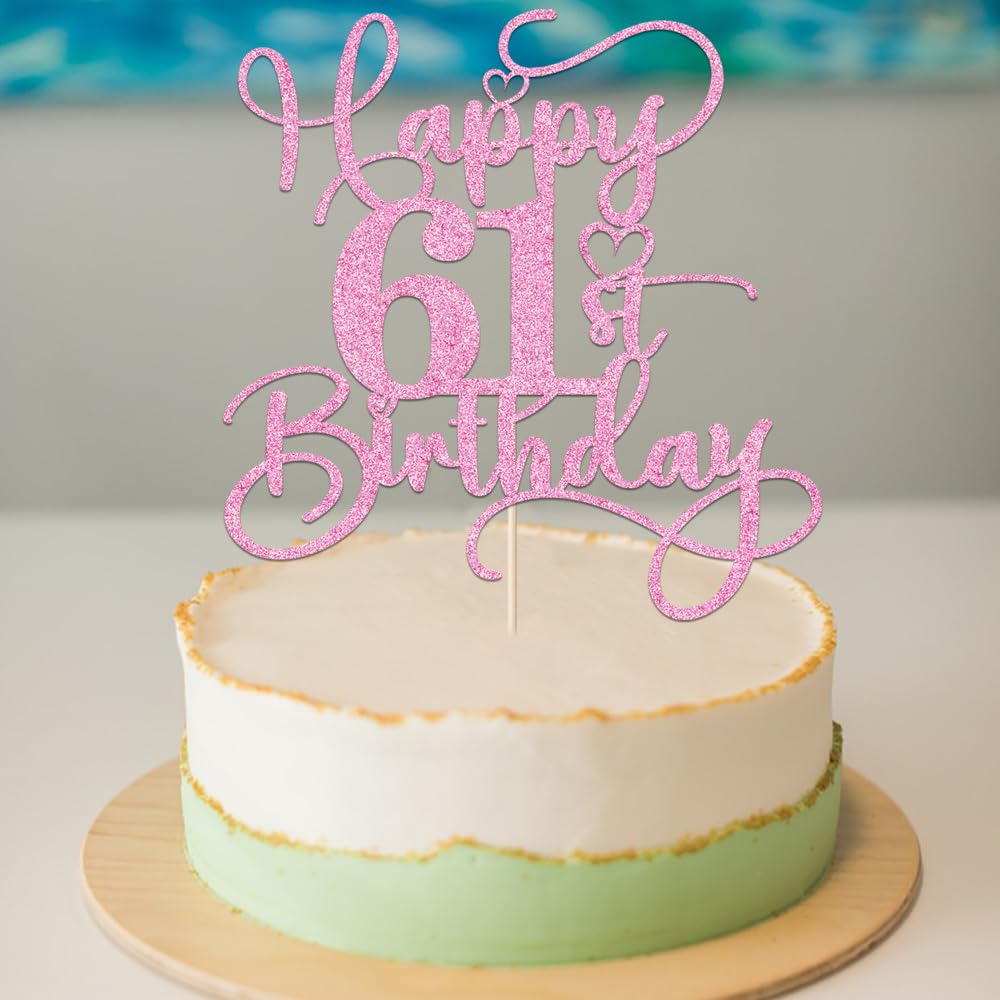 Bejotaa Pink Happy 61st Birthday Cake Topper | Glitter Cake Topper for 61st Birthday & Anniversary