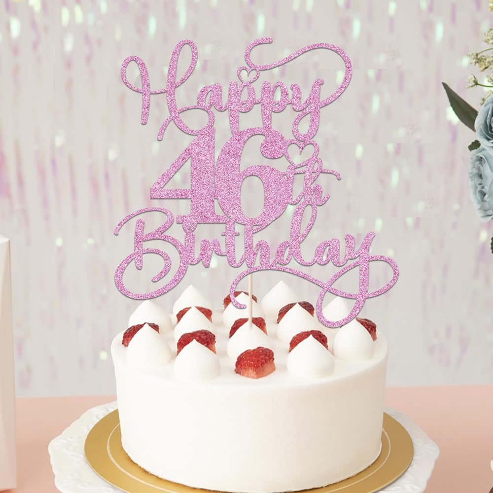 Bejotaa Pink Happy 46th Birthday Cake Topper – Glitter Decor for 46th Birthday & Anniversary Parties