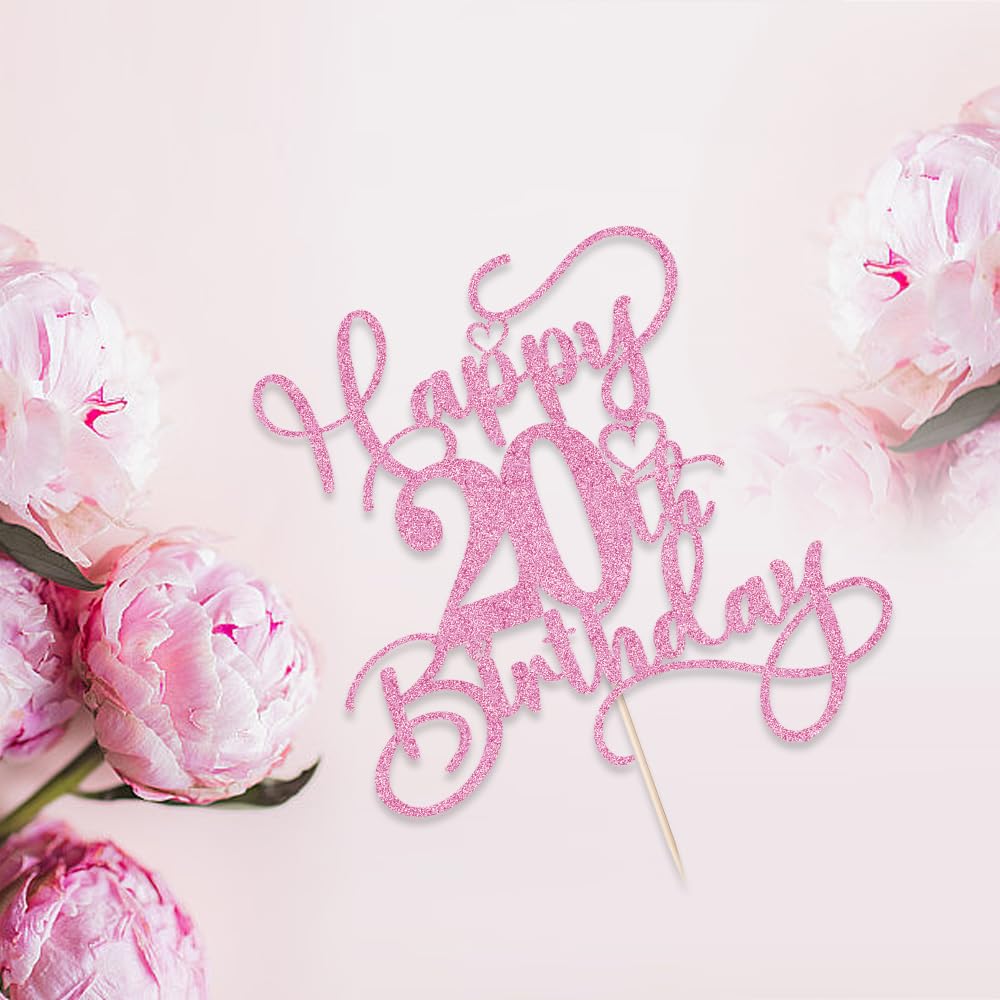 Bejotaa Pink Happy 20th Birthday Cake Topper - Glittery, Pre-assembled 1pc for Twenty & Anniversary Cakes