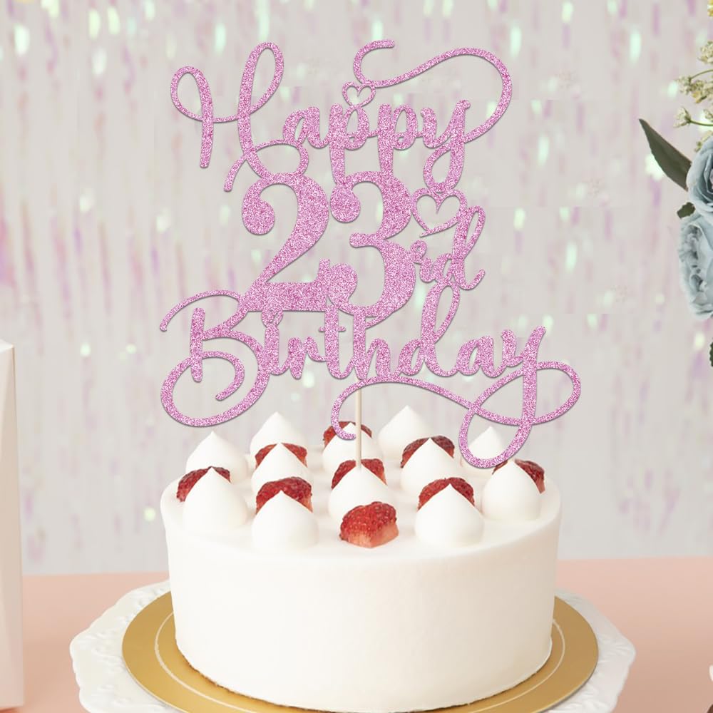Bejotaa Pink Happy 23rd Birthday Cake Topper – Glitter Cake Decoration