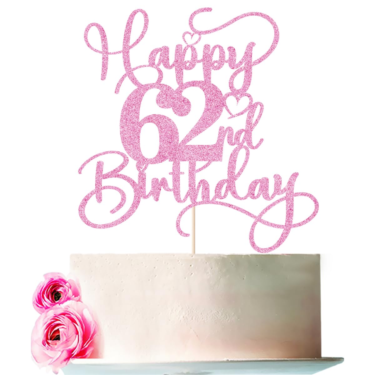Bejotaa Pink Happy 62nd Birthday Cake Topper – Glittery Pre-Assembled Party Decor