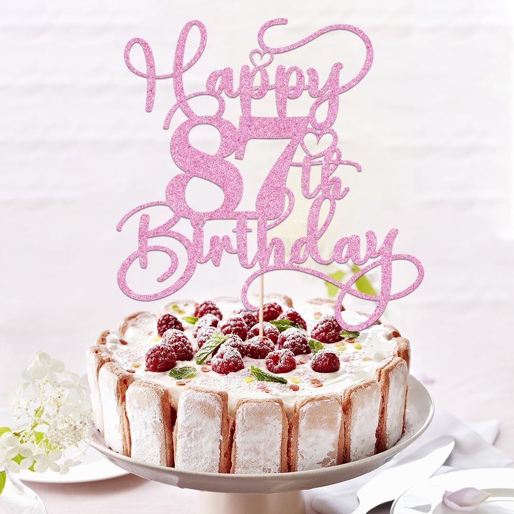 Bejotaa Pink Happy 87th Birthday Cake Topper – Glitter, Pre‑Assembled (1pc)