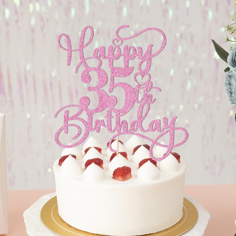 Bejotaa Pink Happy 35th Birthday Cake Topper – Glitter, Pre-assembled, 1pc