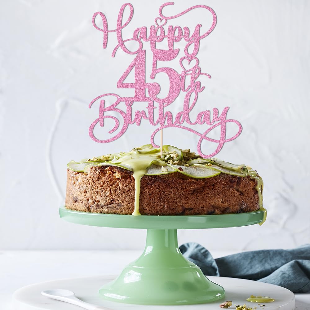 Bejotaa Pink Happy 45th Birthday Cake Topper – Glitter, Pre‑assembled, 1pc for Birthday & Anniversary Cakes