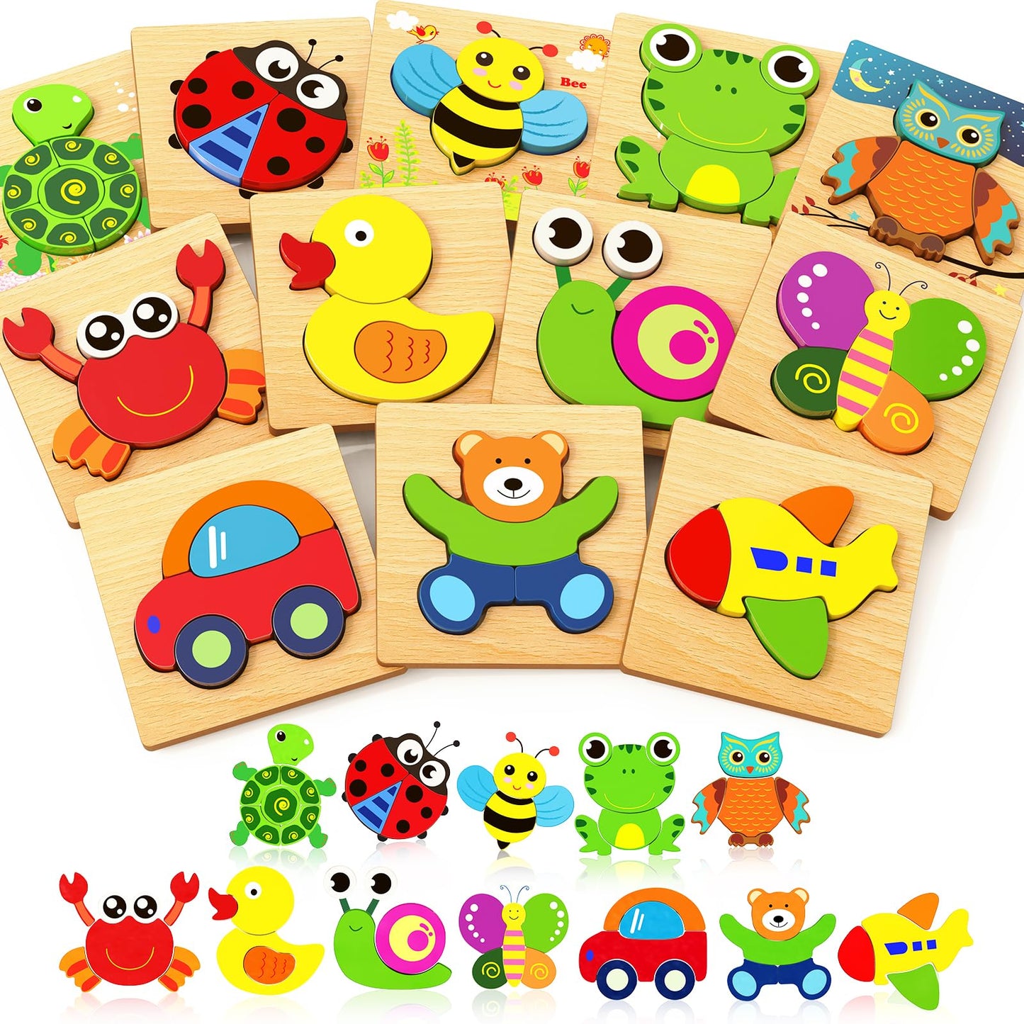 Bekayshad Wooden Puzzles for Toddlers — 12 Animal Jigsaws (Ages 1-3)