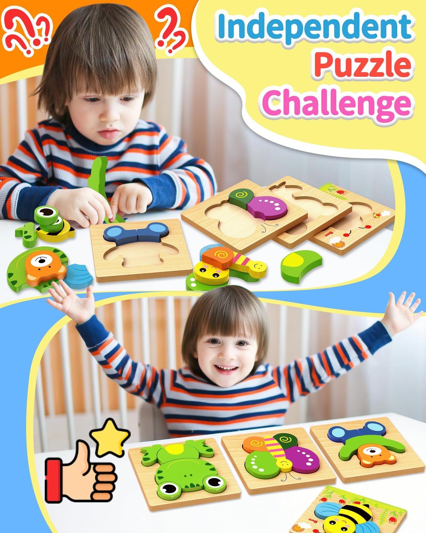 Bekayshad Wooden Puzzles for Toddlers — 12 Animal Jigsaws (Ages 1-3)