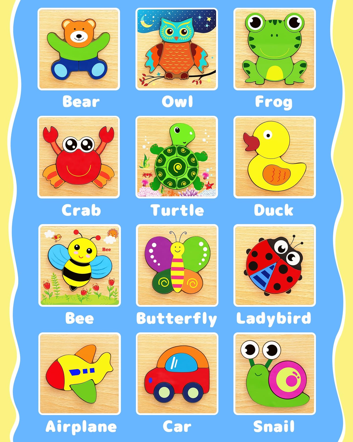 Bekayshad Wooden Puzzles for Toddlers — 12 Animal Jigsaws (Ages 1-3)