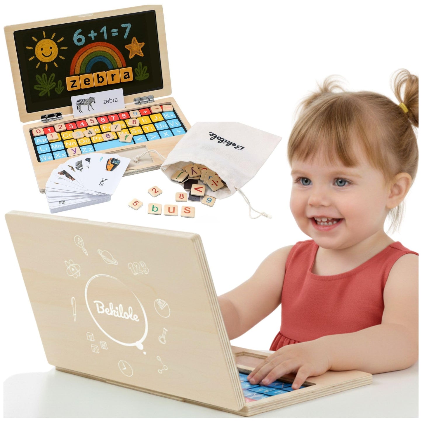 BEKILOLE BekiPad 11.8-inch Wooden Laptop – Montessori Learning Toy for Ages 3-8