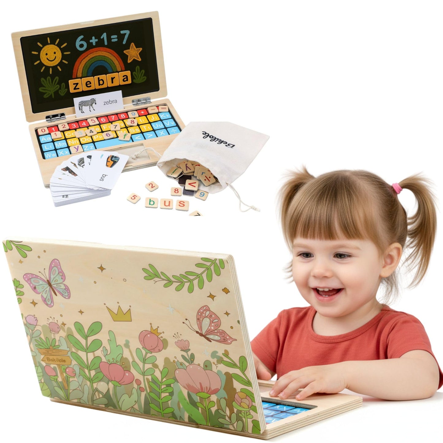 BEKILOLE Montessori Floral Laptop – Screen-Free Learning Toy with Flashcards