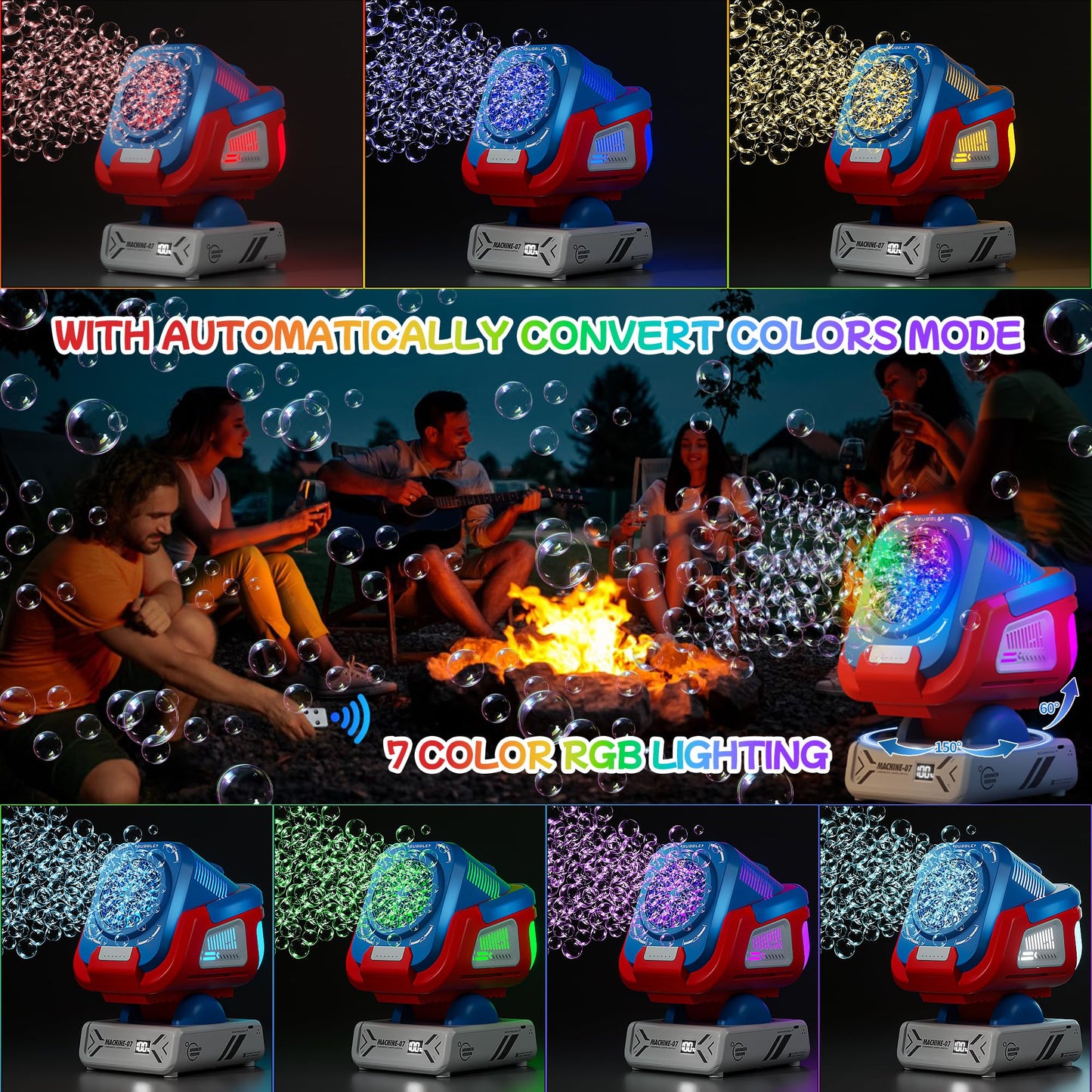 Belemar Upgraded Bubble Machine with Remote, Auto-Rotation, RGB Lights, 1800mAh Battery