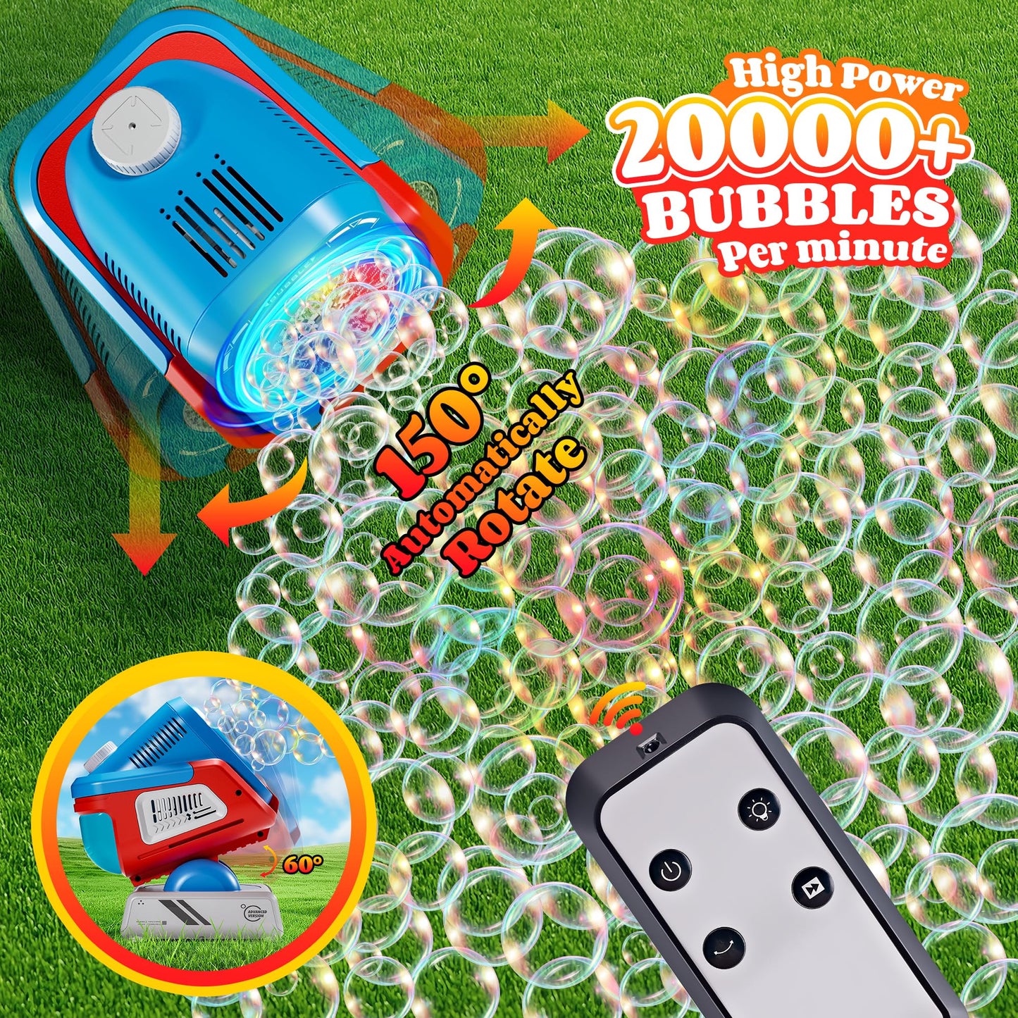 Belemar Upgraded Bubble Machine with Remote, Auto-Rotation, RGB Lights, 1800mAh Battery