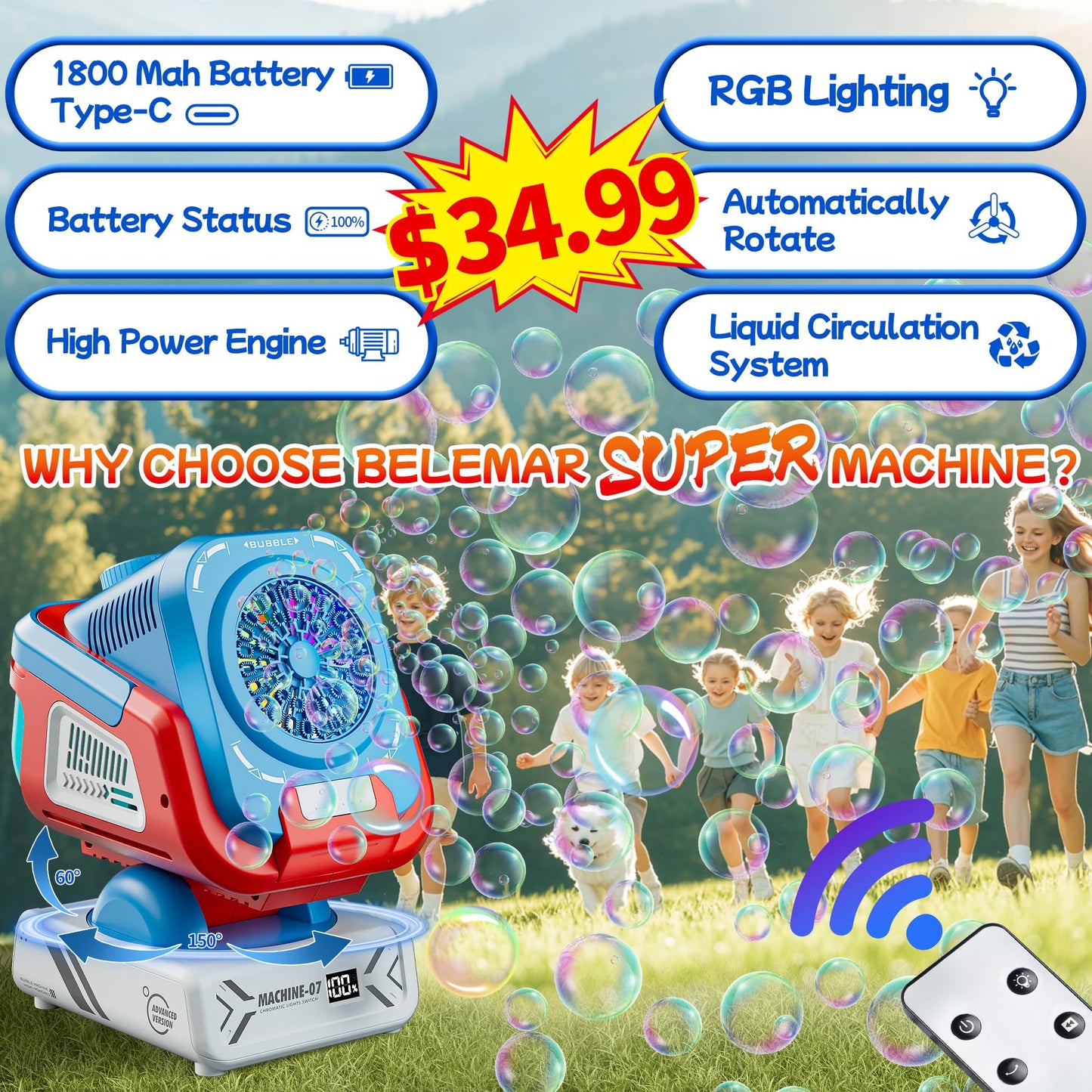 Belemar Upgraded Bubble Machine with Remote, Auto-Rotation, RGB Lights, 1800mAh Battery
